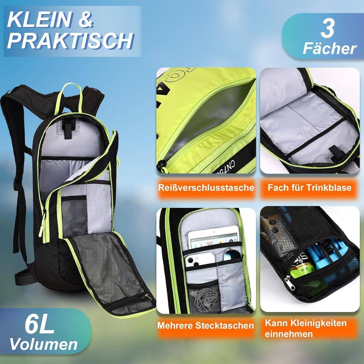 Rucksack mit 6 Liter Fassungsvermögen, ausgestattet mit 3 Fächern: Reißverschlusstasche, Hydrationstasche, mehreren Fächern und einem Organizer für kleine Gegenstände.