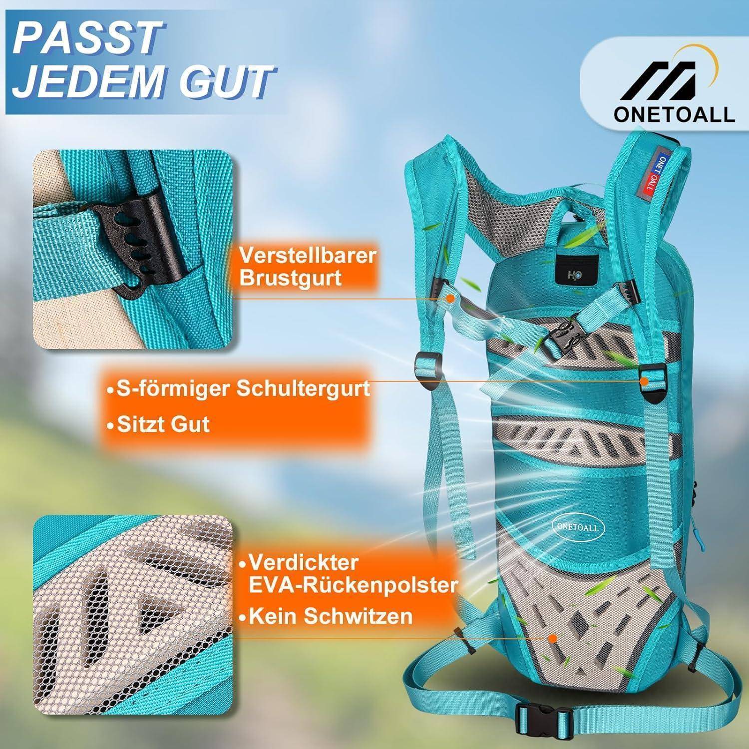 Ein blauer Wanderrucksack mit verstellbarem Brustgurt, S-förmigen Schultergurten, verstärkten EVA-Rückenpolstern und Belüftung, der vor einer malerischen Outdoor-Landschaft präsentiert wird.