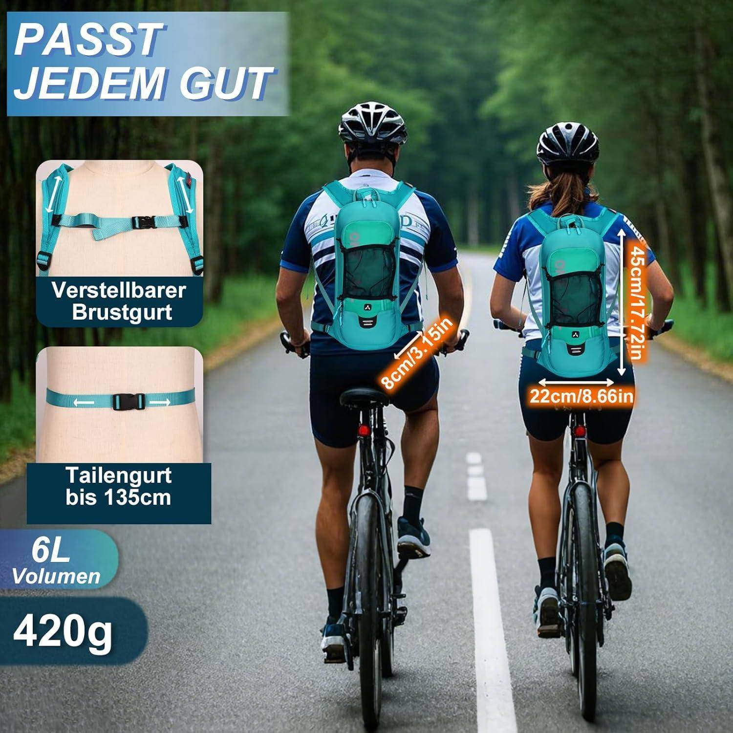 Zwei Radfahrer fahren auf einer baumgesäumten Straße und tragen blaue und türkisfarbene Rucksäcke. Das Bild betont die verstellbaren Brust- und Hüftgurte.