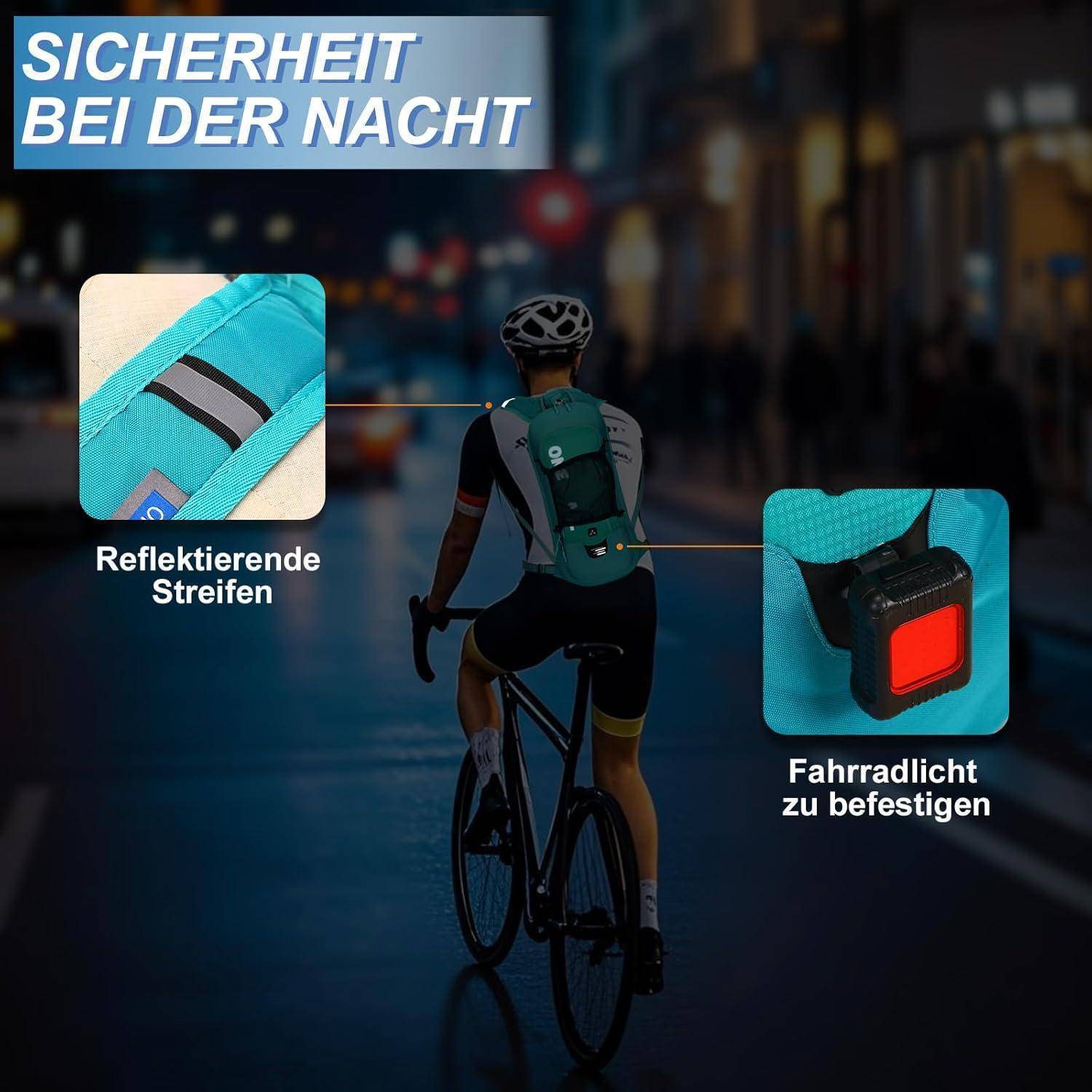 Ein Radfahrer fährt nachts mit einem Rucksack mit reflektierenden Streifen und einem Rücklicht. Der Text lautet 