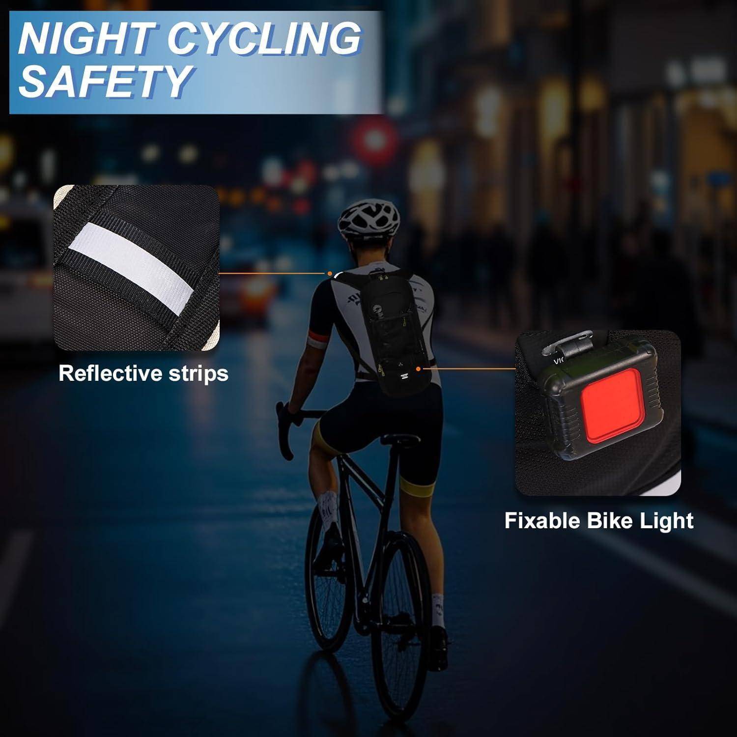 Radfahrer nachts mit reflektierendem Streifen und einstellbarem Fahrradlicht. Text lautet 