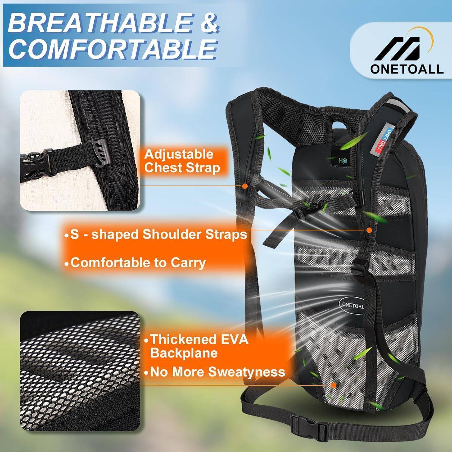 Ein schwarzer Rucksack mit verstärkter EVA-Rückenplatte, verstellbarem Brustgurt und S-förmigen Schultergurten, der Komfort und Atmungsaktivität fördert.