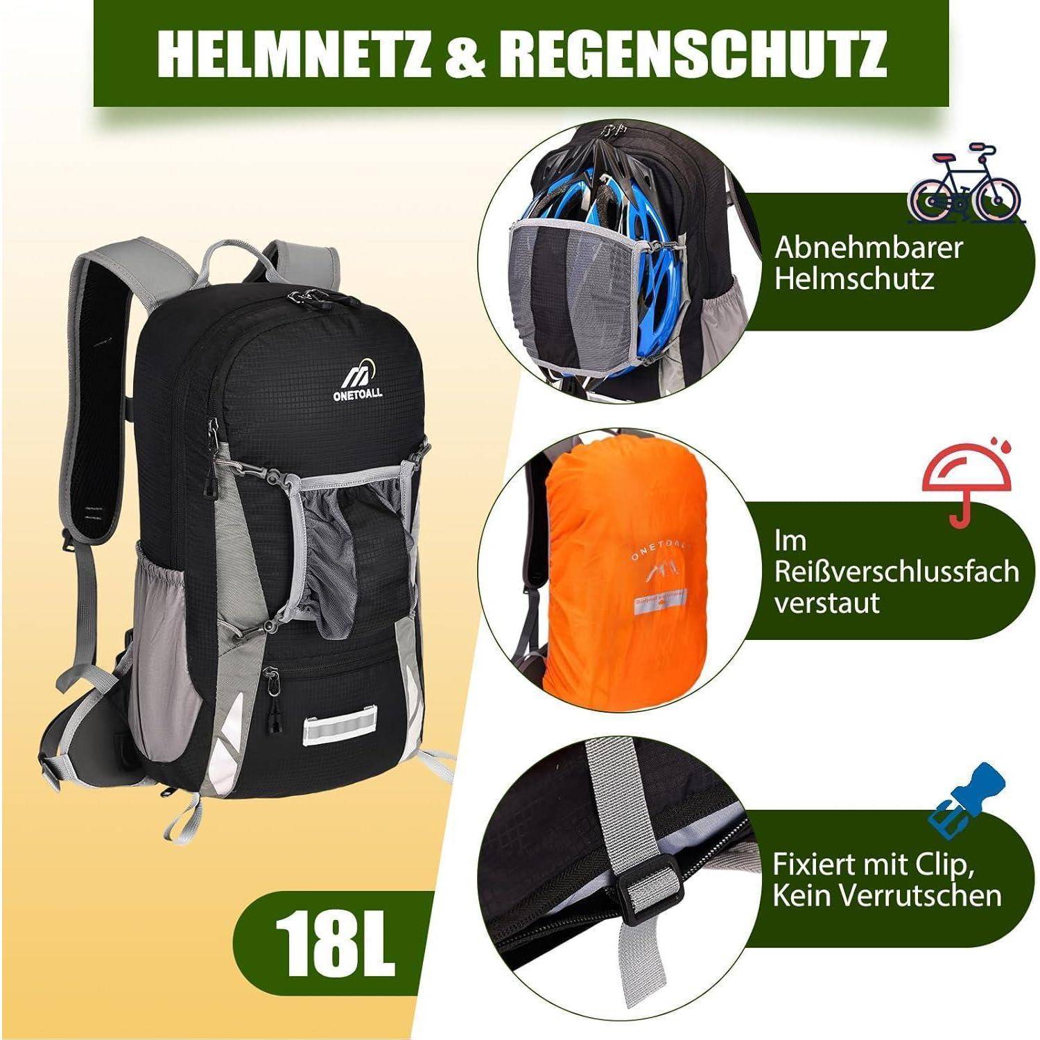 Fahrradrucksack 18L Regenschutz Rückenbelüftung Schwarz 18l
