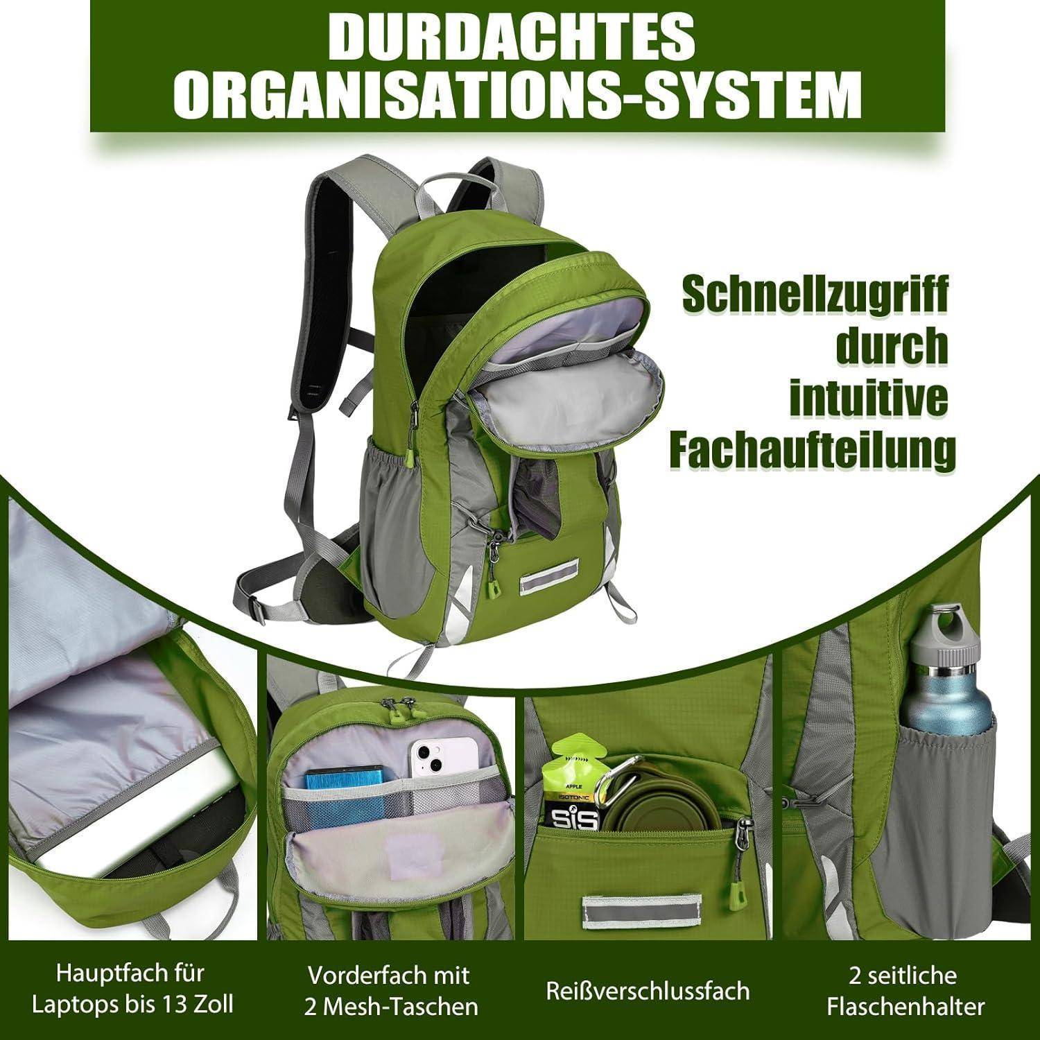 Grüner Rucksack mit beschrifteten Abschnitten: Laptopfach, Vordertasche mit Netzbeuteln, Reißverschlusstasche und zwei seitlichen Flaschenhaltern.