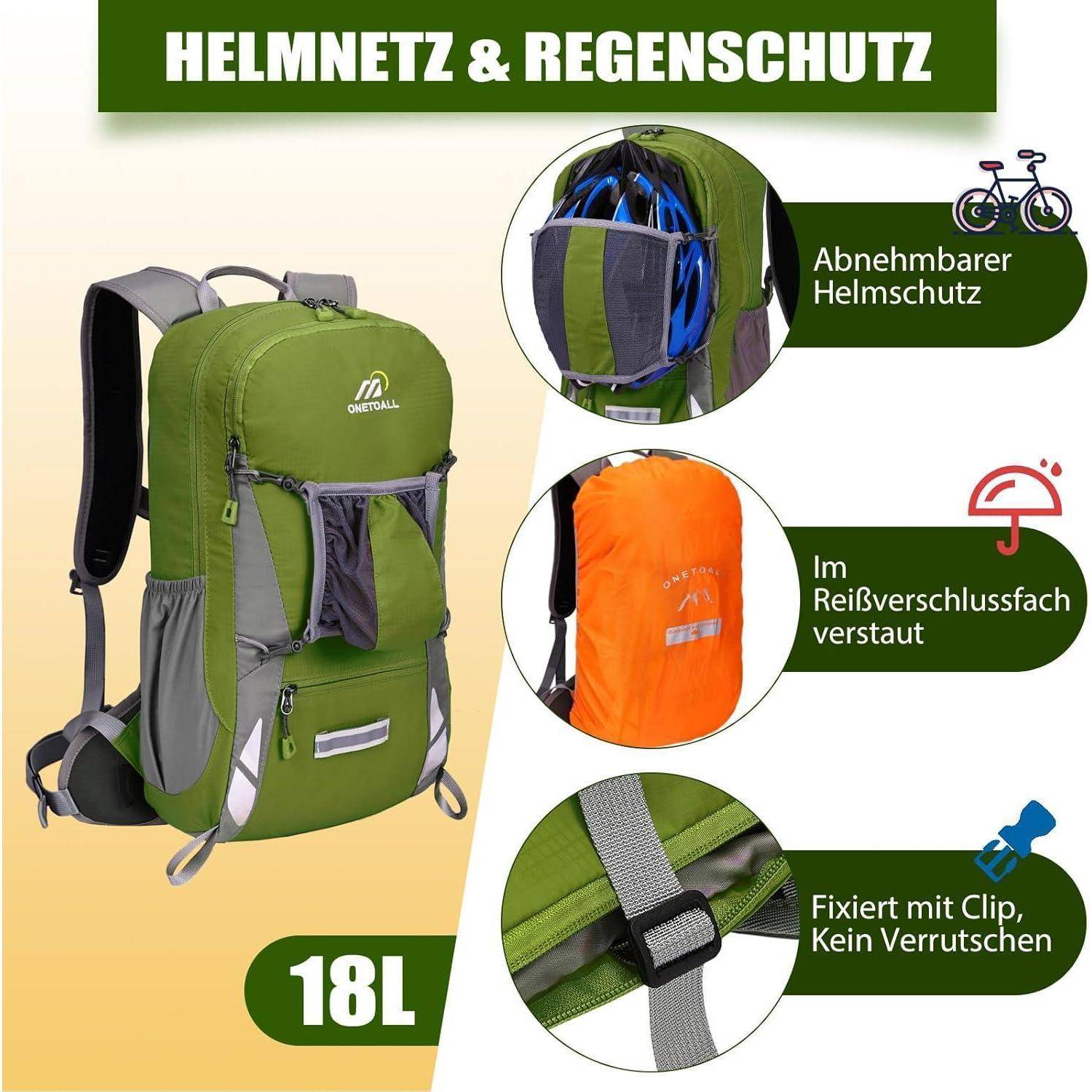 Grüner Rucksack mit Regenschutz, Helmnetztasche und 18 Liter Fassungsvermögen. Ausgestattet mit abnehmbarem Helmschutz, integrierter Abdeckung und mit Clip gesichert.