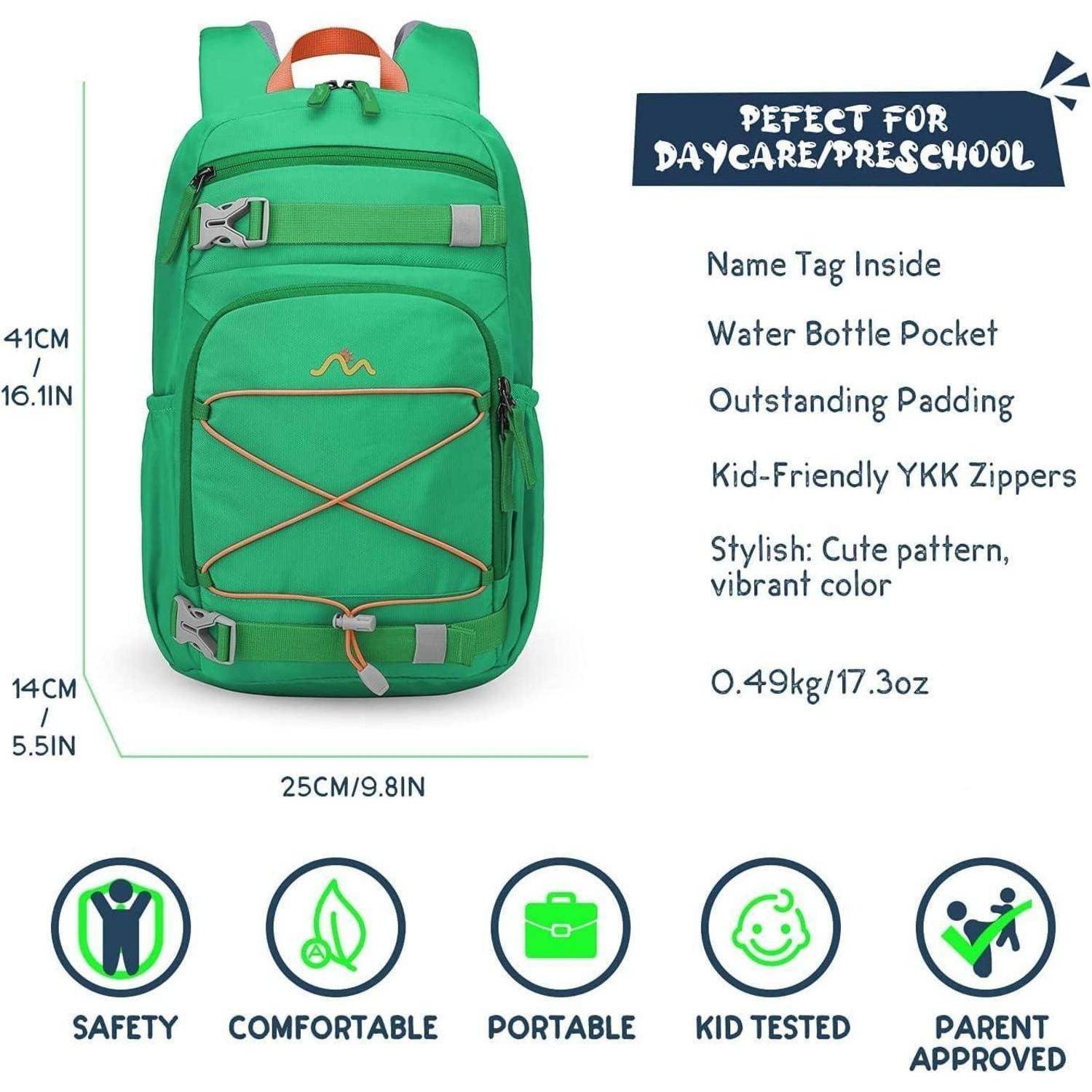 Grüner Rucksack mit orangefarbenen Akzenten und folgenden Merkmalen: Namensschild im Inneren, Wasserflaschentasche, Polsterung, YKK-Reißverschlüsse. Geeignet für die Kinderkrippe.