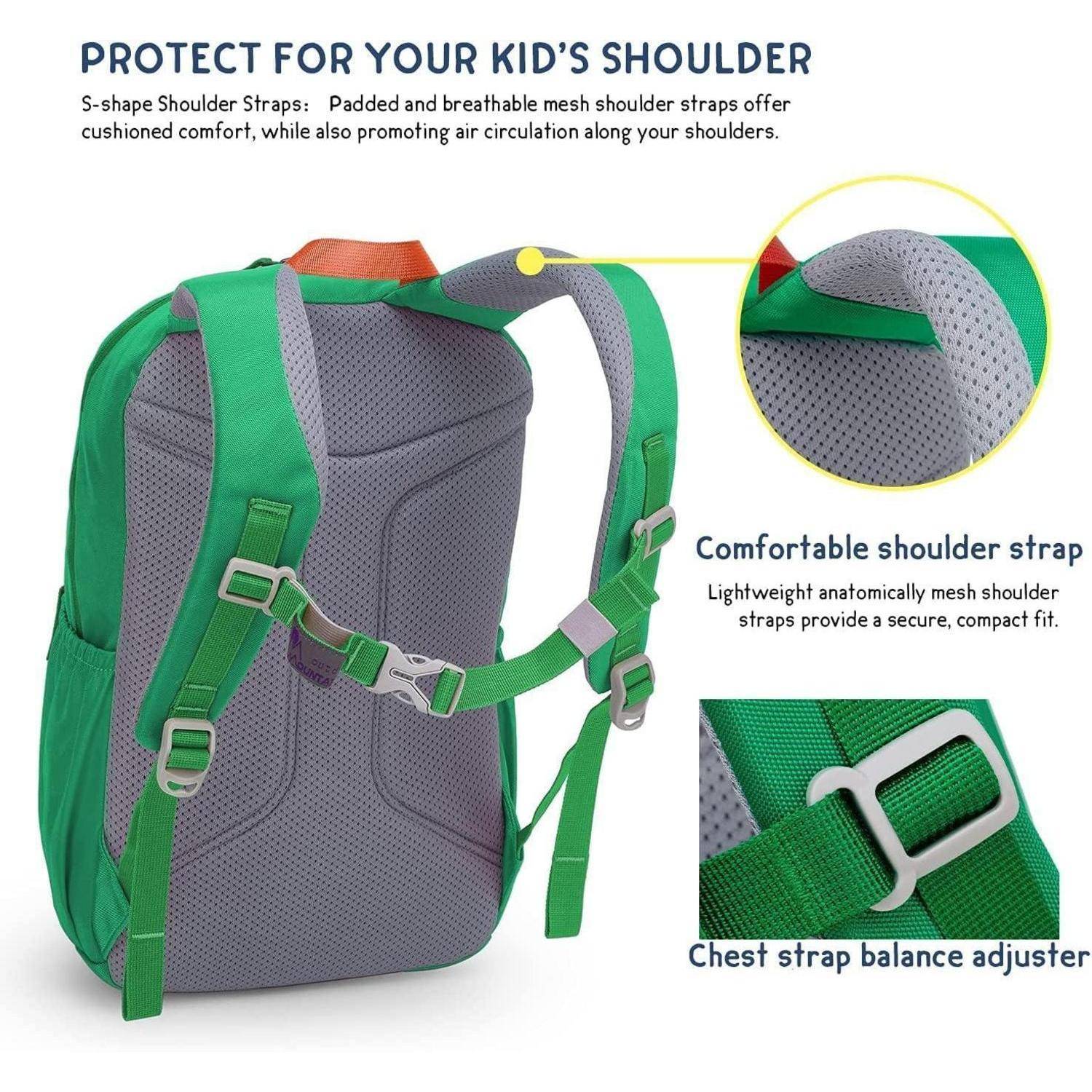 Grüner Schulrucksack mit ergonomischem Design. Merkmale umfassen atmungsaktives Mesh, S-förmige Schultergurte für Komfort und verstellbare Brustgurtschnalle.