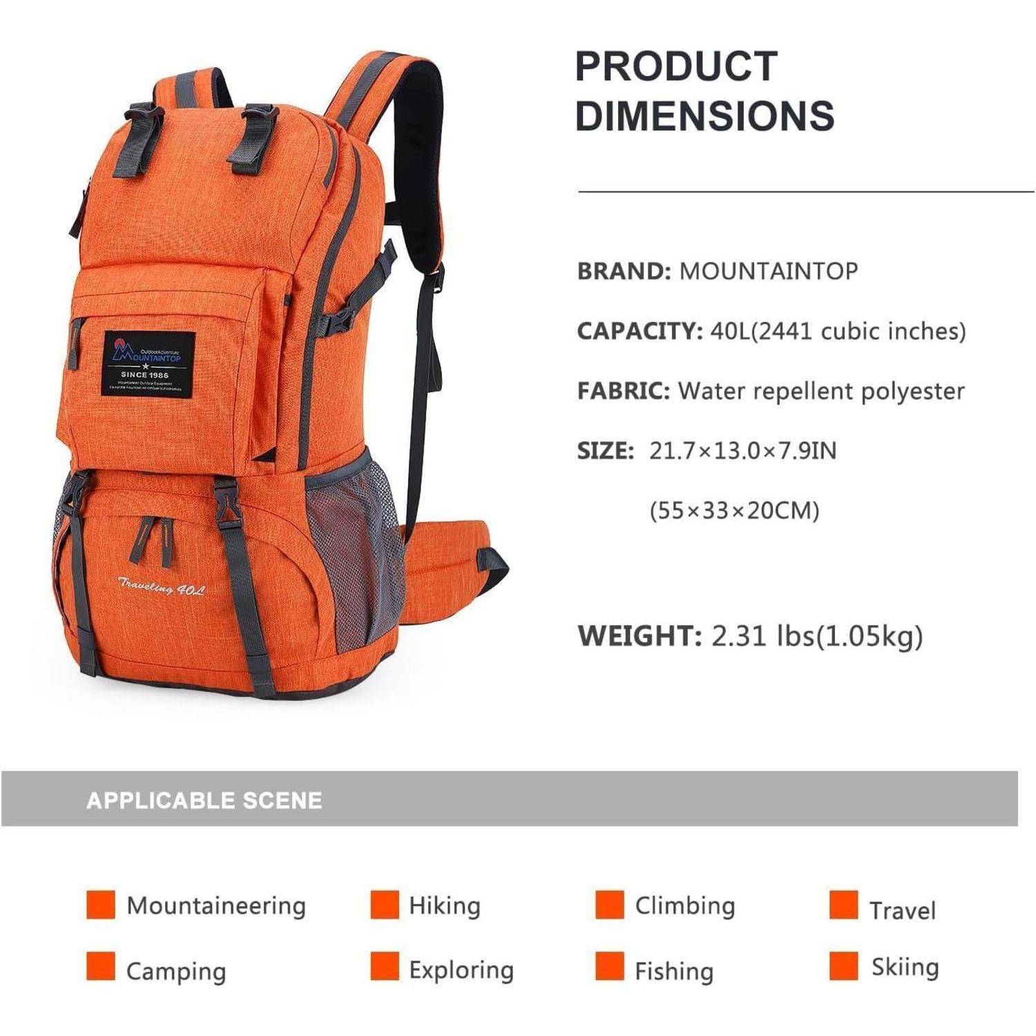 Orangefarbener Rucksack der Marke 'Mountaintop', 40 Liter Fassungsvermögen, wasserabweisendes Polyester, Größe 55,1x33,0x20,1 cm, Gewicht 1,05 kg. Geeignet für Outdoor-Aktivitäten.