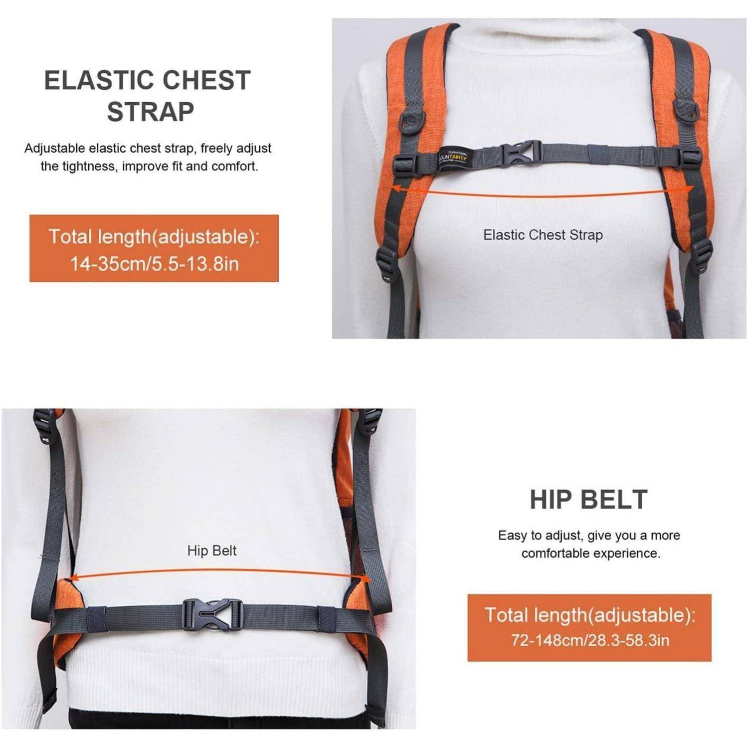 Elastischer Brustgurt' und ‚Hüftgurt' verstellbar für Komfort, Gesamtlängen: 14-35 cm (5,5-13,8 Zoll) und 72-148 cm (28,3-58,3 Zoll).