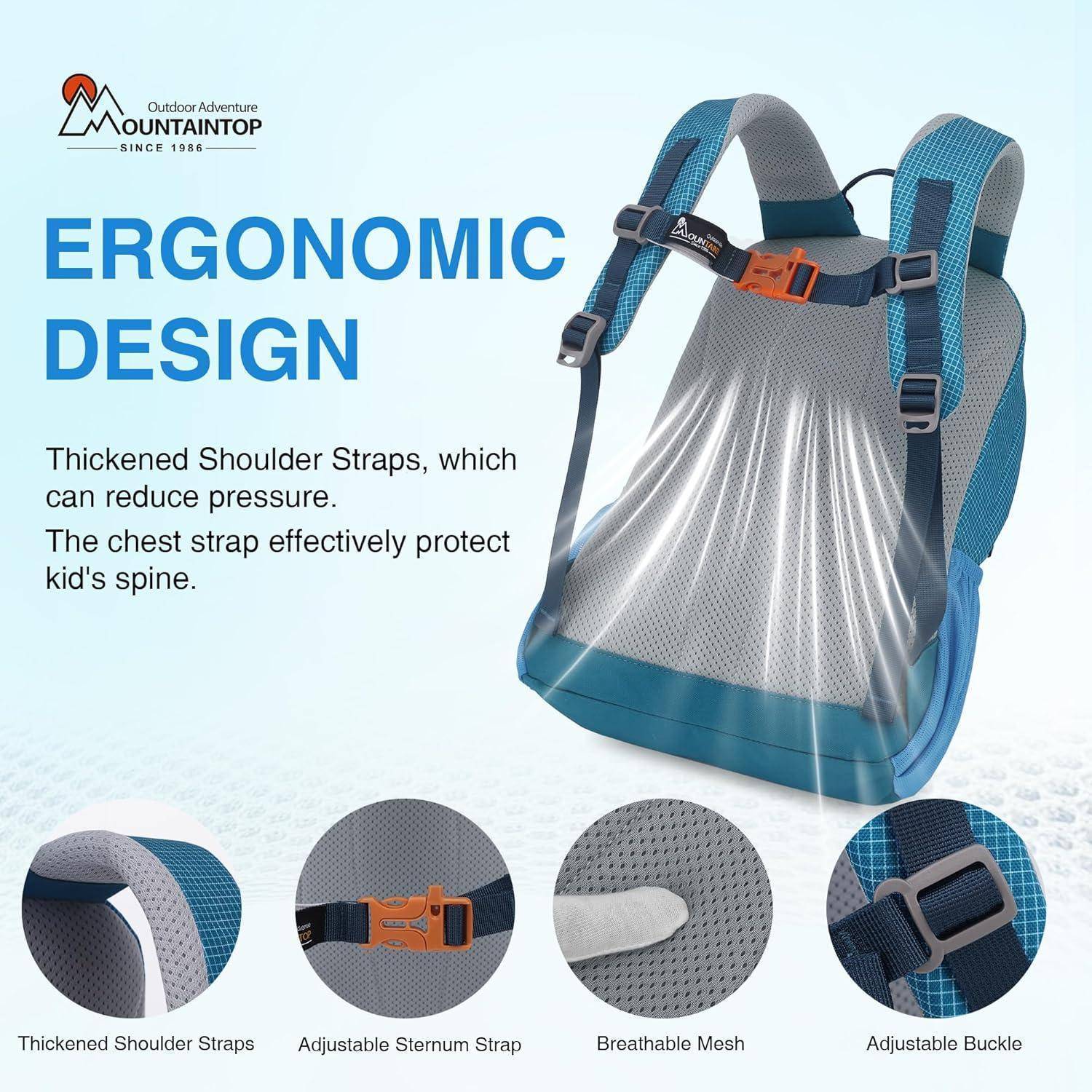 Ergonomischer Rucksack mit verstärkten Schultergurten, verstellbarem Brustgurt und atmungsaktivem Netzgewebe für Rückenschutz.