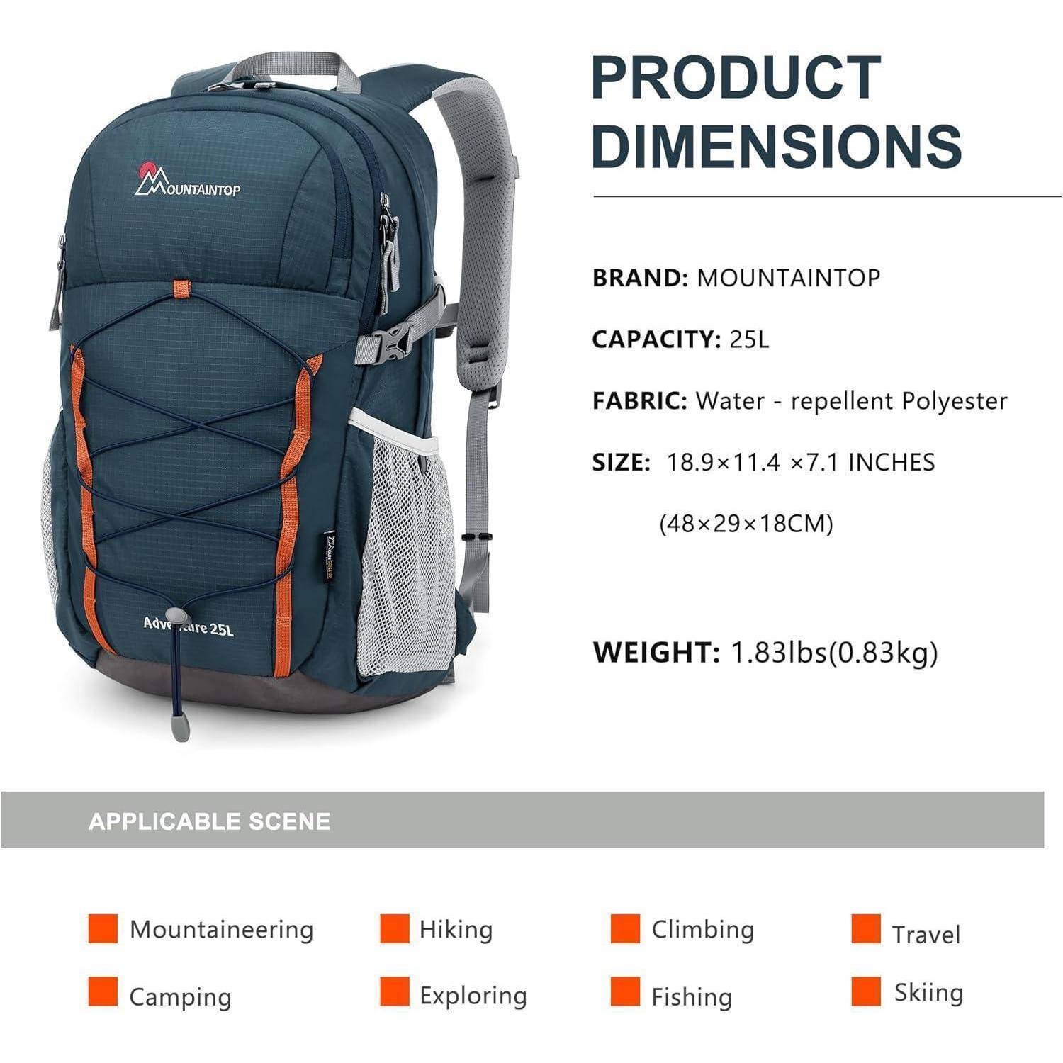 Ein blauer Mountaintop Rucksack, 25L Fassungsvermögen, hergestellt aus wasserabweisendem Polyester. Geeignet für Bergsteigen, Wandern, Erkunden und mehr.
