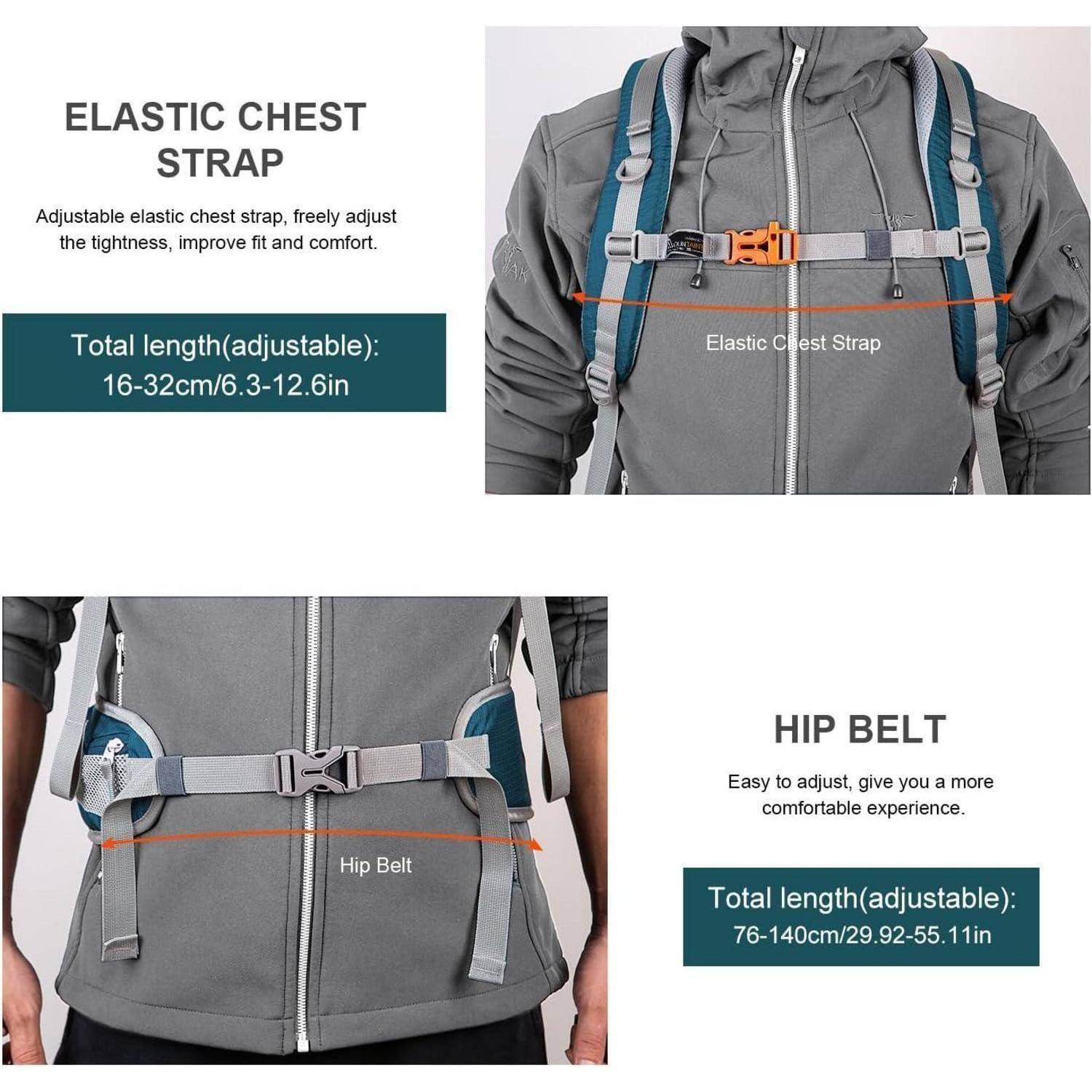 Graue Jacke mit verstellbarem elastischem Brustgurt und Hüftgurt für verbesserte Passform und Komfort. Die Gurte lassen sich von 16-32 cm und der Gürtel von 76-140 cm verstellen.