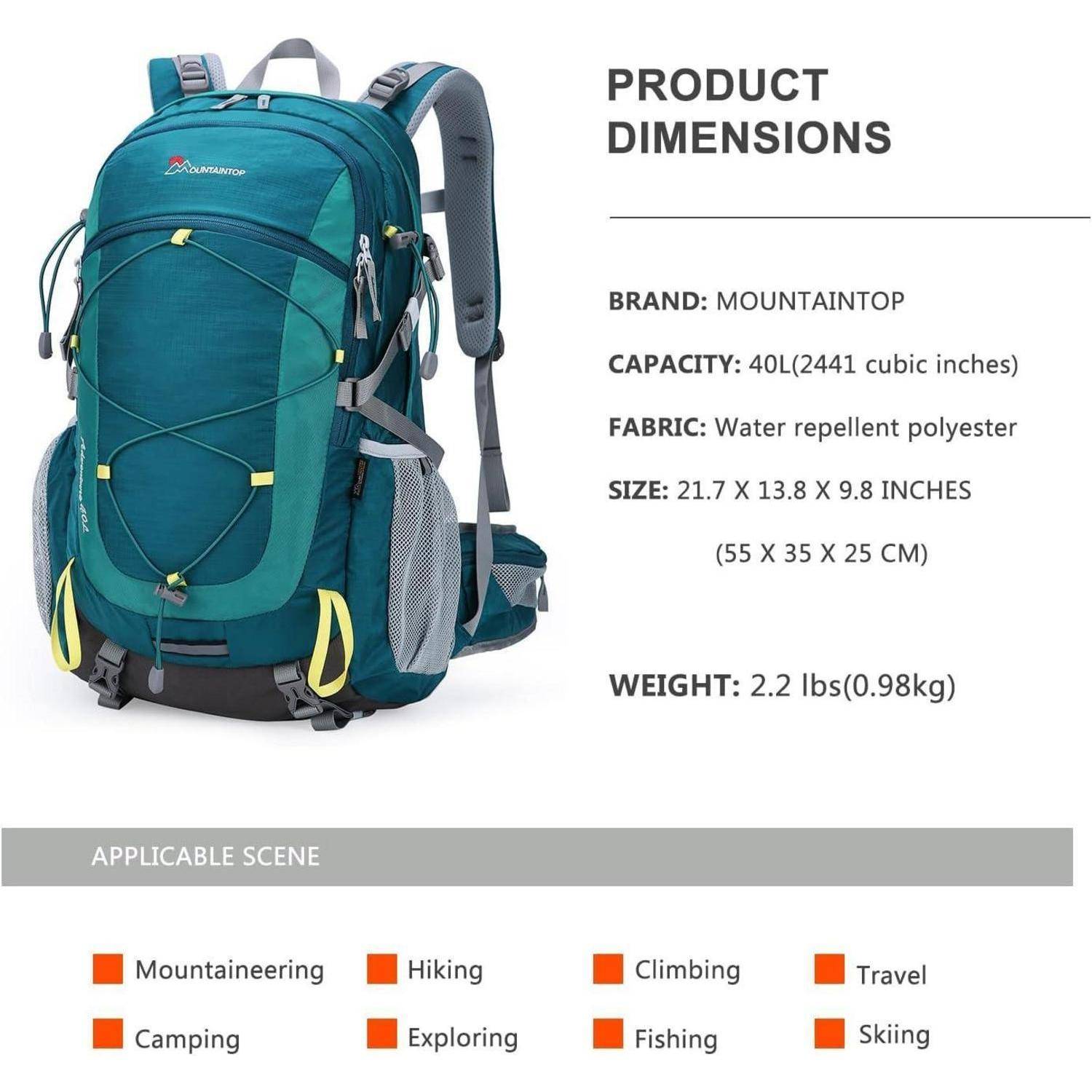 Ein Rucksack in Petrolfarben mit 'PRODUKTABMESSUNGEN', 40 Liter Fassungsvermögen, wasserabweisendem Polyester und einem Gewicht von 1 kg. Ideal für Outdoor-Aktivitäten.