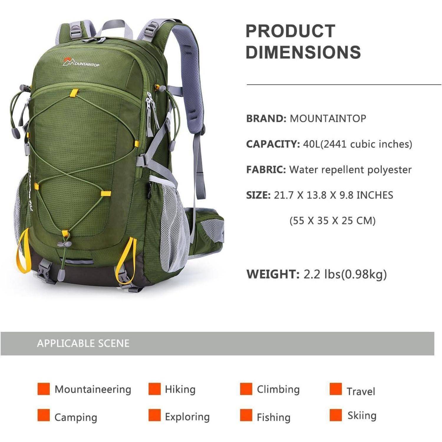 Ein grüner 40-Liter-Rucksack mit Funktionen für Wanderungen und Reisen wird gezeigt. Er ist aus wasserabweisendem Polyester gefertigt und wiegt 2,2 Pfund. Geeignet für verschiedene Outdoor-Aktivitäten.