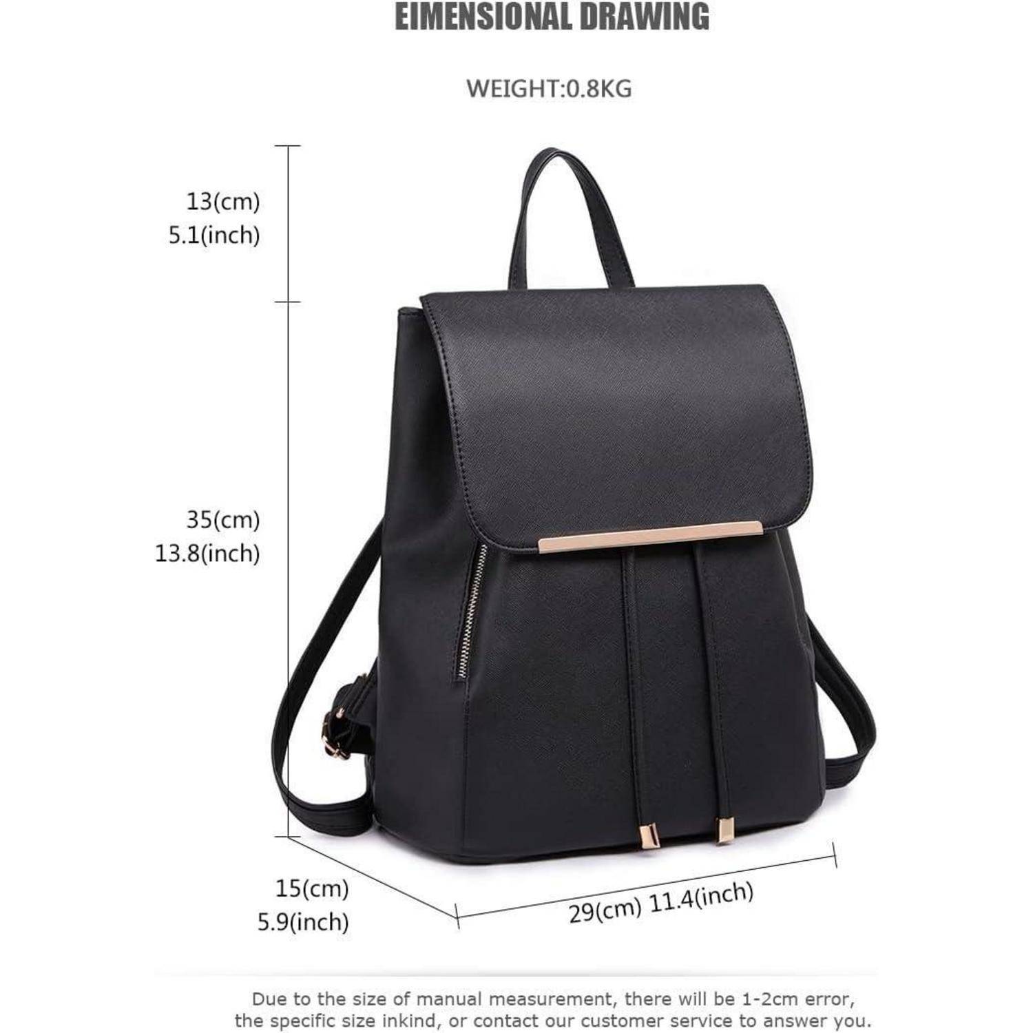 Ein schwarzer Rucksack mit Abmessungen: 35 cm (Höhe), 29 cm (Breite), 15 cm (Tiefe). Gewicht: 0,8 kg. Hinweis auf manuelle Maßabweichungen.