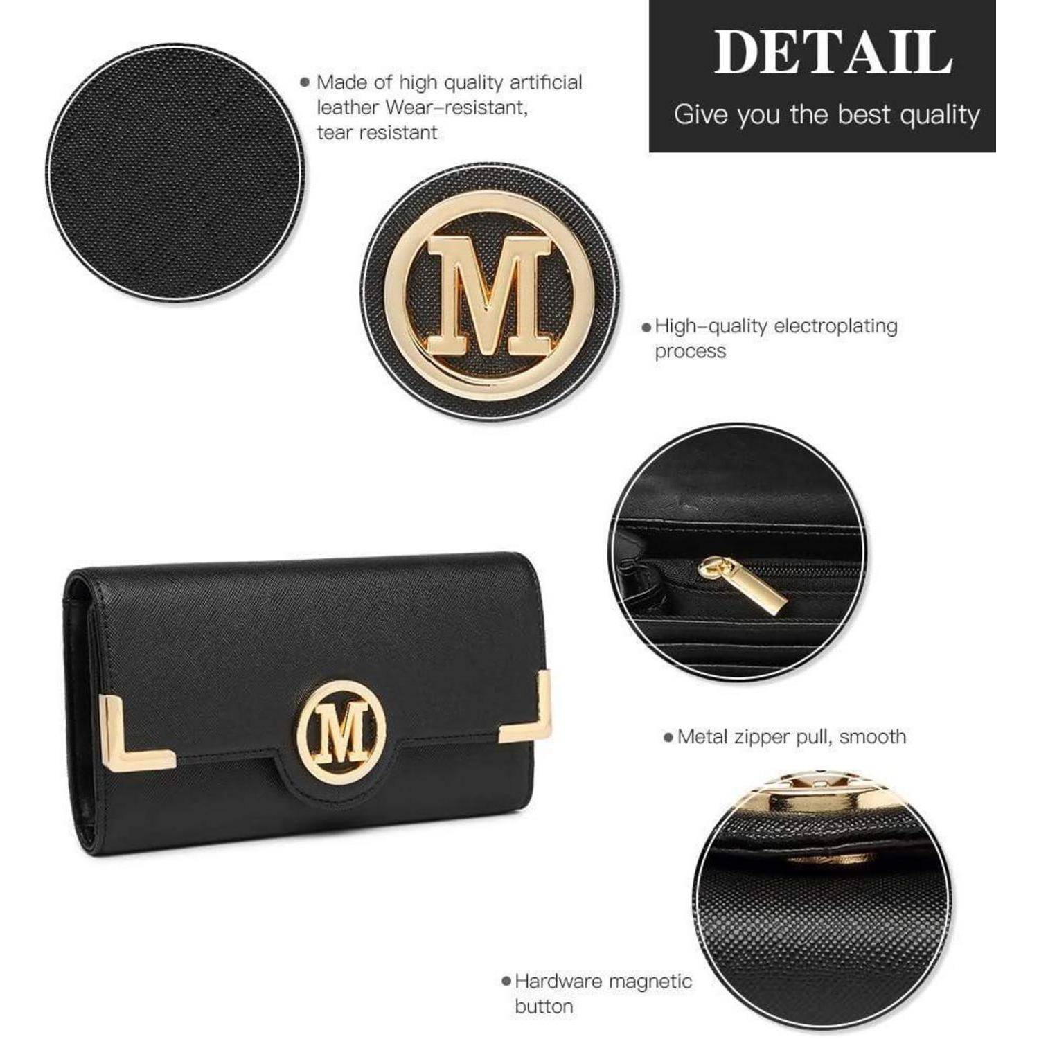 Schwarze Geldbörse mit goldenen Details und 'M' Logo. Merkmale: verschleißfeste Kunstlederoberfläche, Galvanisierung, gleitender Reißverschluss, Magnetverschluss. Text: 'Detail - Wir bieten Ihnen die beste Qualität'.