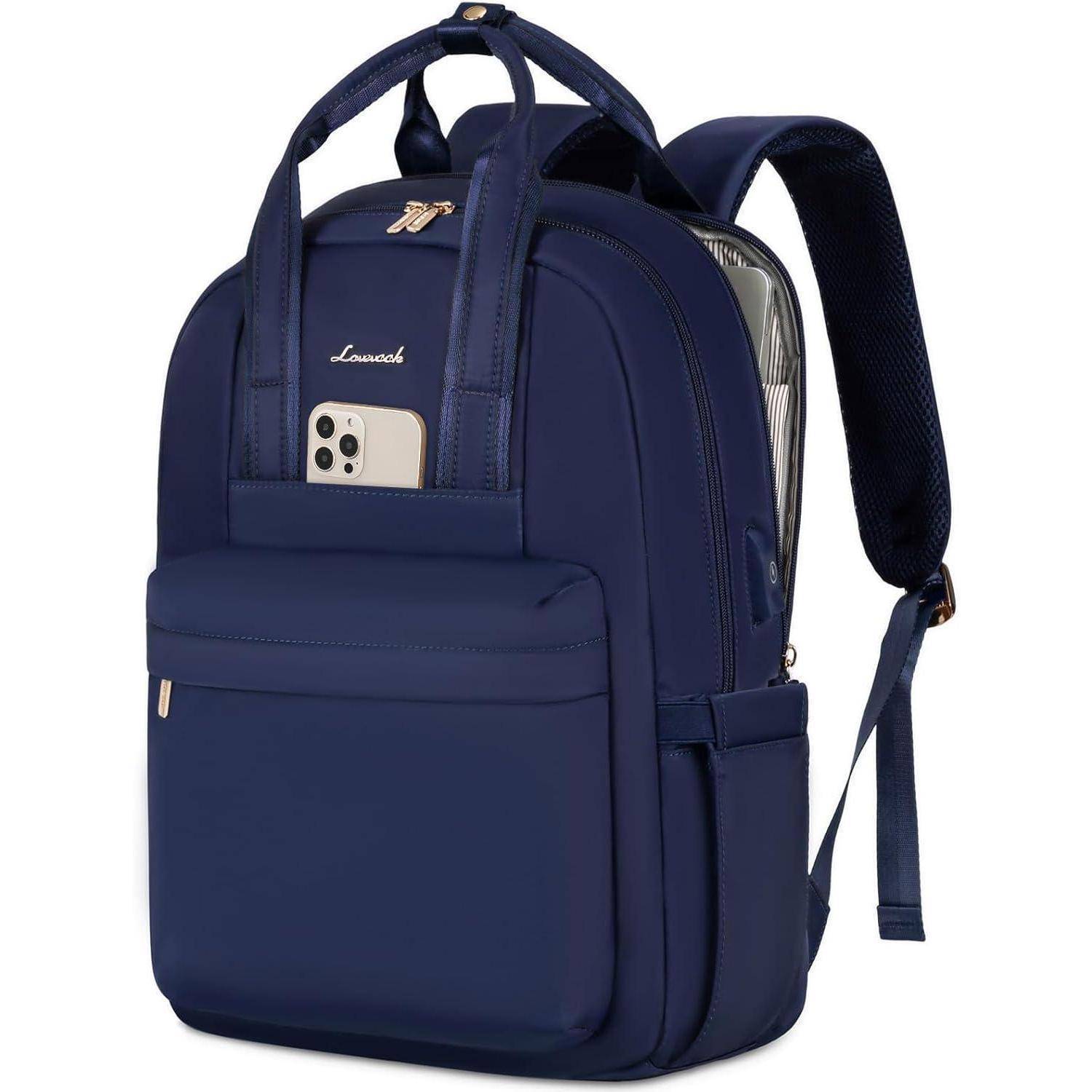 Ein marineblauer Rucksack mit mehreren Fächern, der eine Fronttasche zum Verstauen eines Handys besitzt. Er verfügt über sowohl Schulterriemen als auch Tragegriffe.