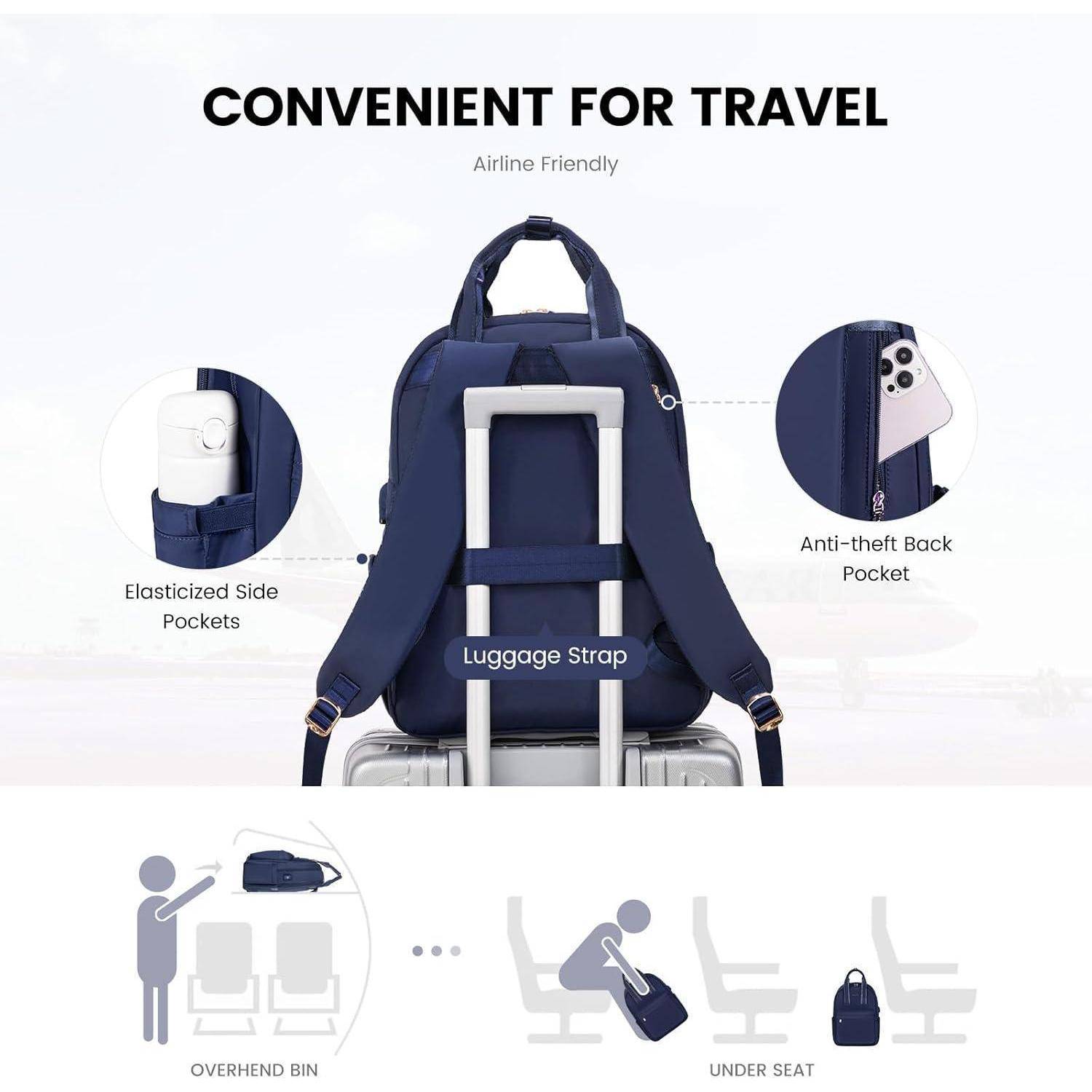 Marineblauer Rucksack auf Koffer mit Gepäckgurt, elastischen Seitentaschen, diebstahlsicherer Rückentasche. Geeignet für Gepäckablagen oder unter dem Sitz.