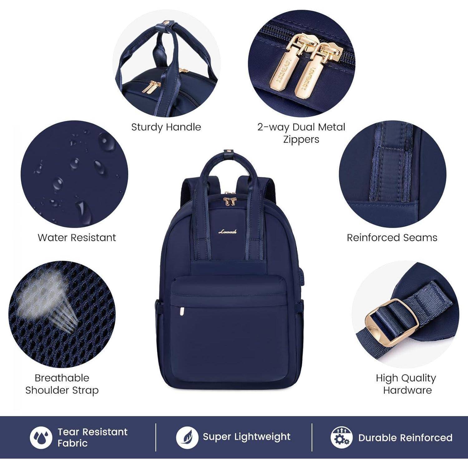 Marineblauer Rucksack mit robustem Griff, zwei Metallreißverschlüssen, verstärkten Nähten, atmungsaktiven Trägern und strapazierfähigem Gewebe. Wasserabweisend.