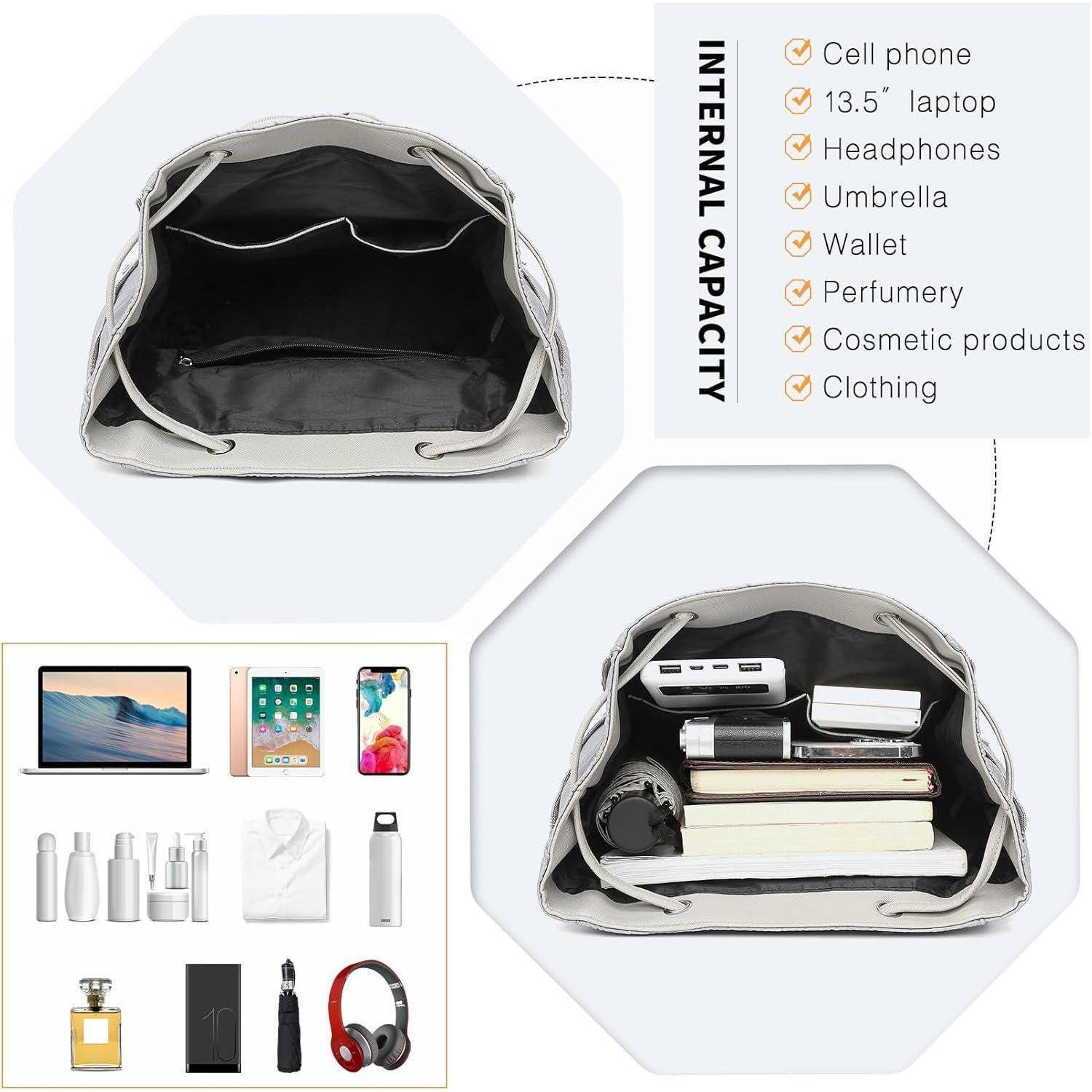 Rucksack Damen Kunstleder Rolltop Tunnelzug Cityrucksack 3-2 Grau