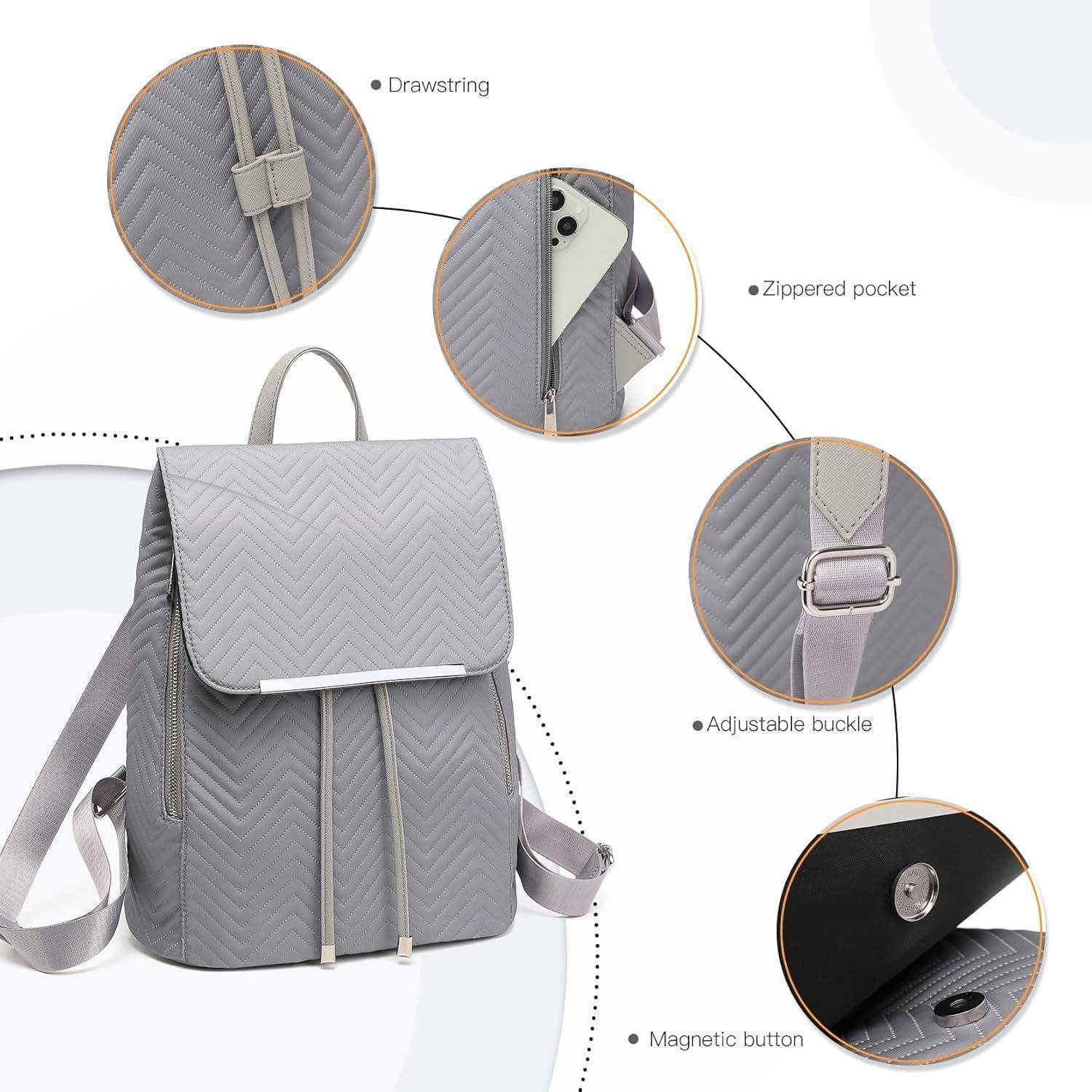 Rucksack Damen Kunstleder Rolltop Tunnelzug Cityrucksack 3-2 Grau