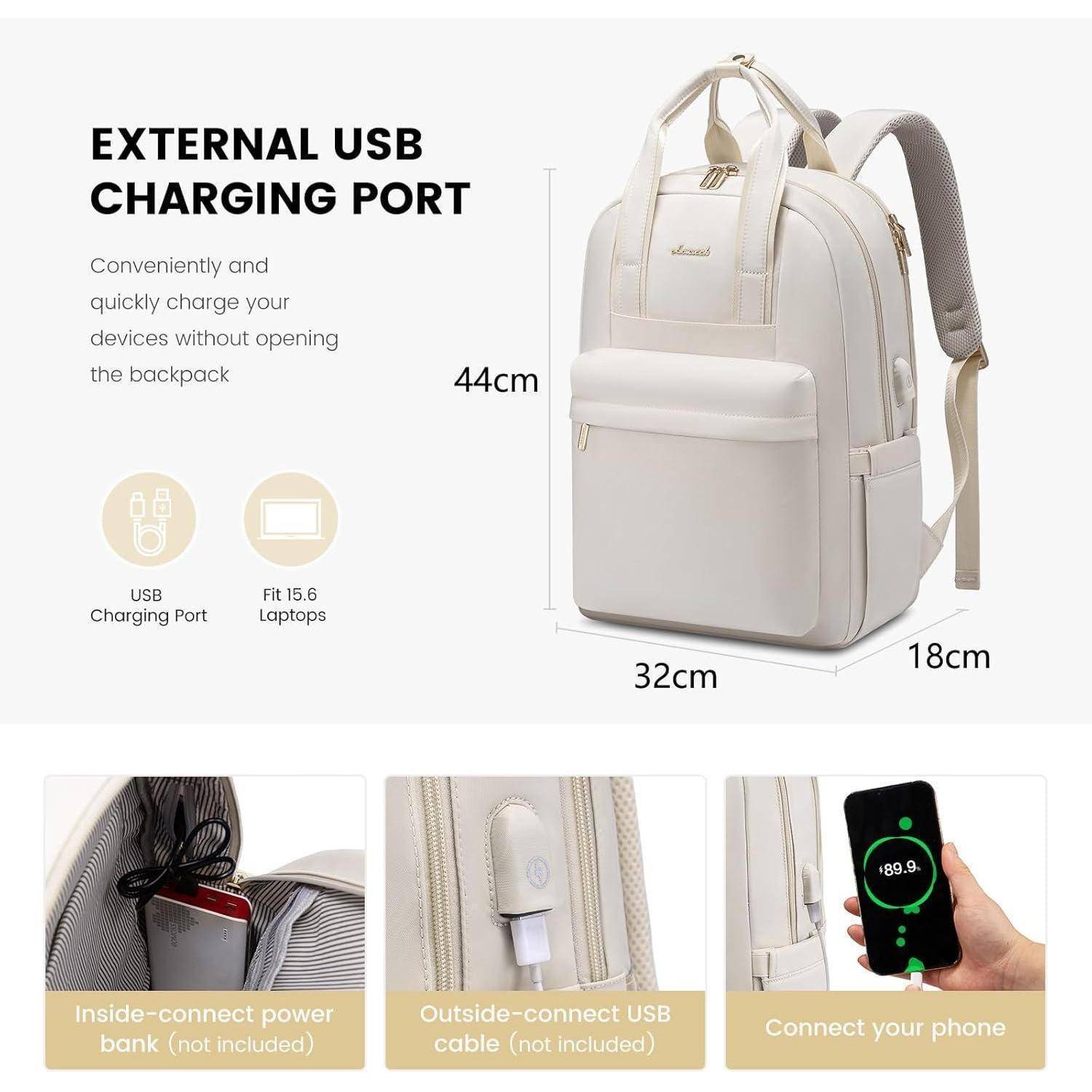 Ein beiger Rucksack mit externem USB-Ladeanschluss, Abmessungen 44 cm x 32 cm x 18 cm. Enthält eine Innentasche für Powerbank, einen USB-Kabelanschluss von außen und die Möglichkeit, das Handy zu laden.