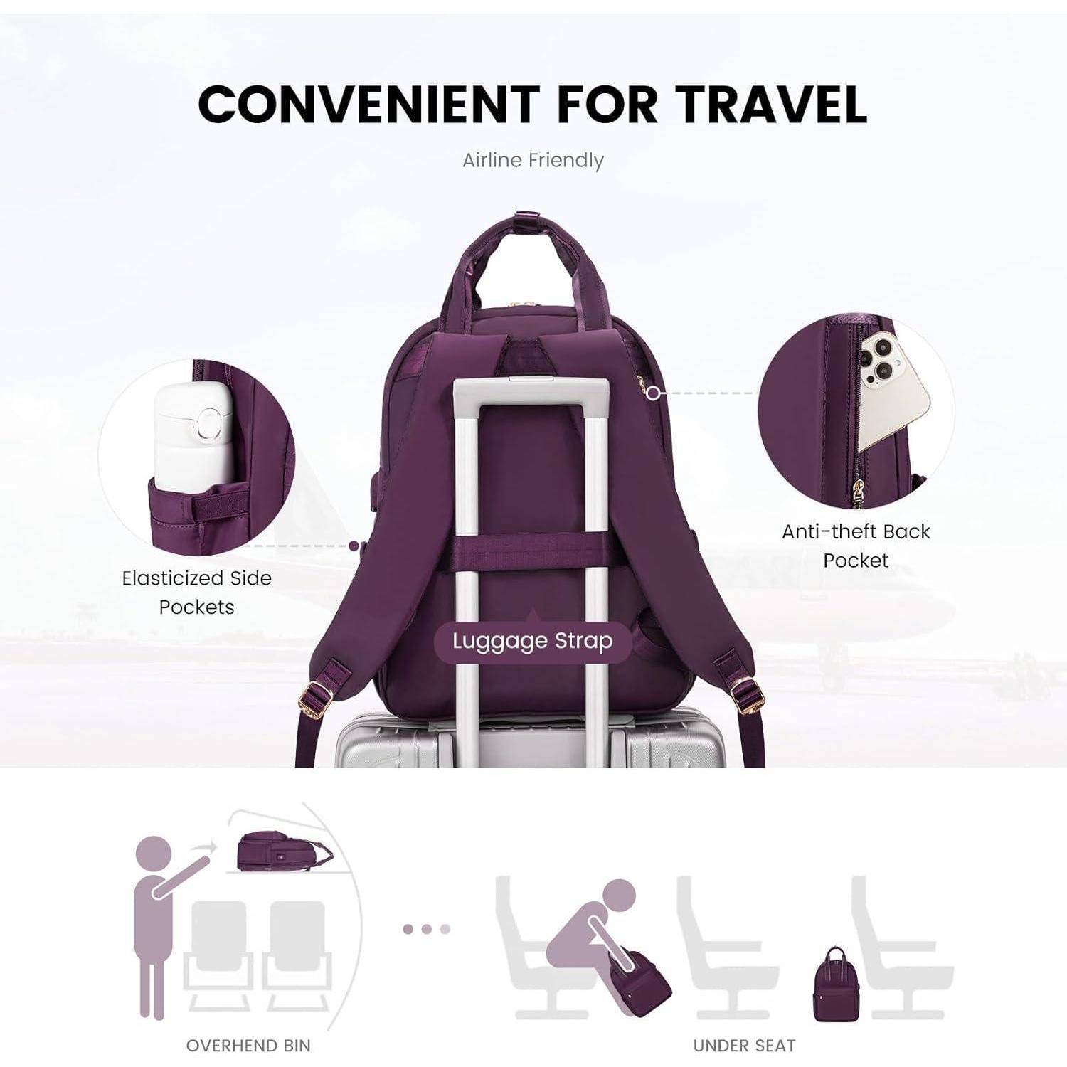 Lila Reisetasche auf Koffer mit Funktionen wie elastischen Seitentaschen, diebstahlsicherer Rückentasche und Gepäckgurt gezeigt. Geeignet für Gepäckablagen oder Platz unter dem Sitz.