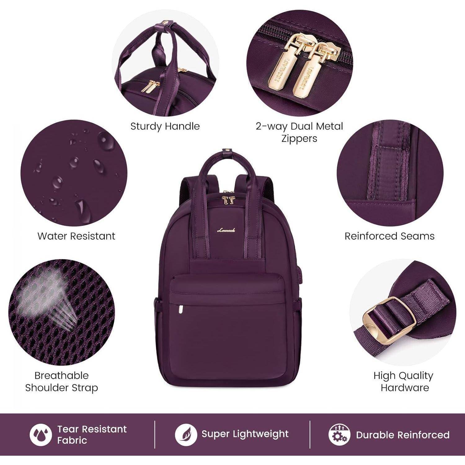 Lila Rucksack verfügt über einen robusten Griff, zwei Metallreißverschlüsse, verstärkte Nähte, einen atmungsaktiven Schultergurt und hochwertige Beschläge. Er ist wasserabweisend, reißfest und leicht.