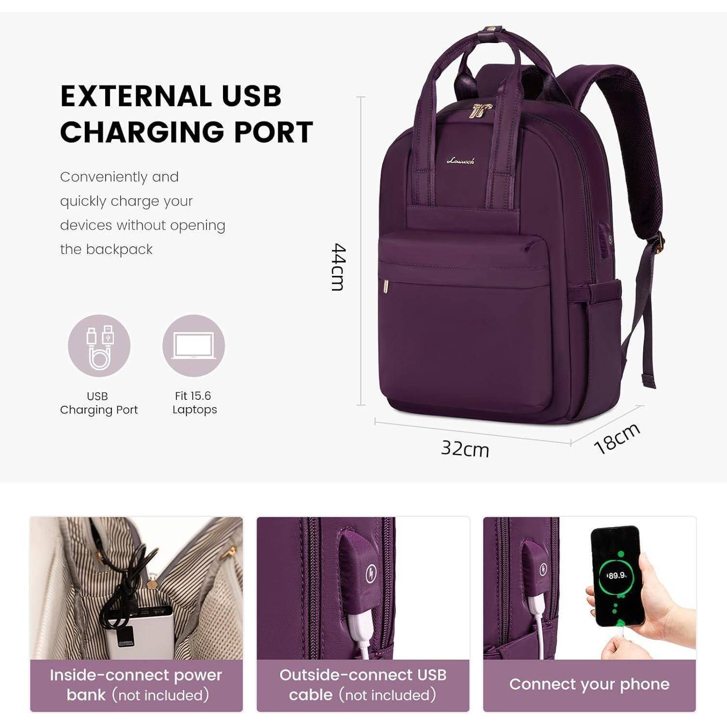 Lila Rucksack mit externem USB-Ladeanschluss. Abmessungen: 44 cm x 32 cm x 18 cm. Geeignet für Laptops bis 15,6 Zoll. Ausgestattet mit USB zum Aufladen von Geräten.