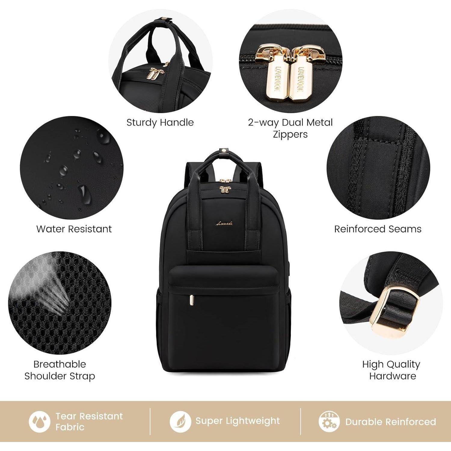 Schwarzer Rucksack verfügt über Funktionen wie einen robusten Griff, zwei Metallreißverschlüsse, Wasserbeständigkeit, atmungsaktive Schultergurte, verstärkte Nähte und hochwertige Beschläge.