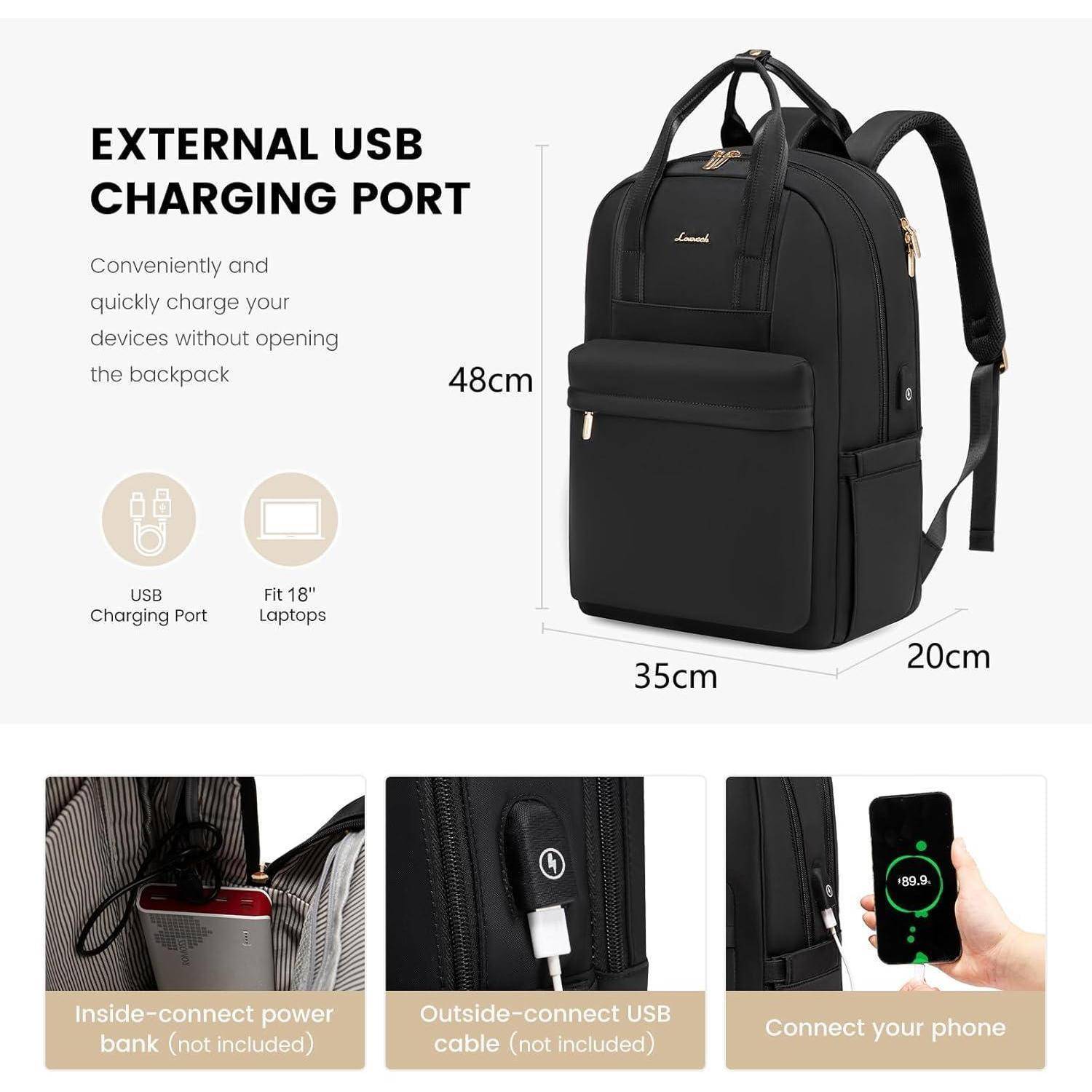 Schwarzer Rucksack mit externem USB-Ladeanschluss. Abmessungen: 48cm x 35cm x 20cm. Geeignet für Laptops bis 18 Zoll. Powerbank im Inneren platzieren; Geräte von außen verbinden.