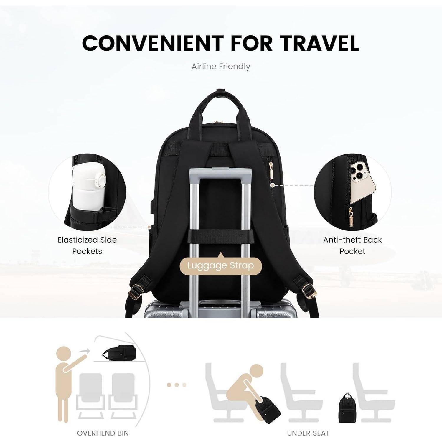 Rucksack am Gepäckgriff befestigt mit Eigenschaften: elastische Seitentaschen, diebstahlsichere Rückentasche. Illustrationen zeigen Platzierung im Gepäckfach und unter dem Sitz.