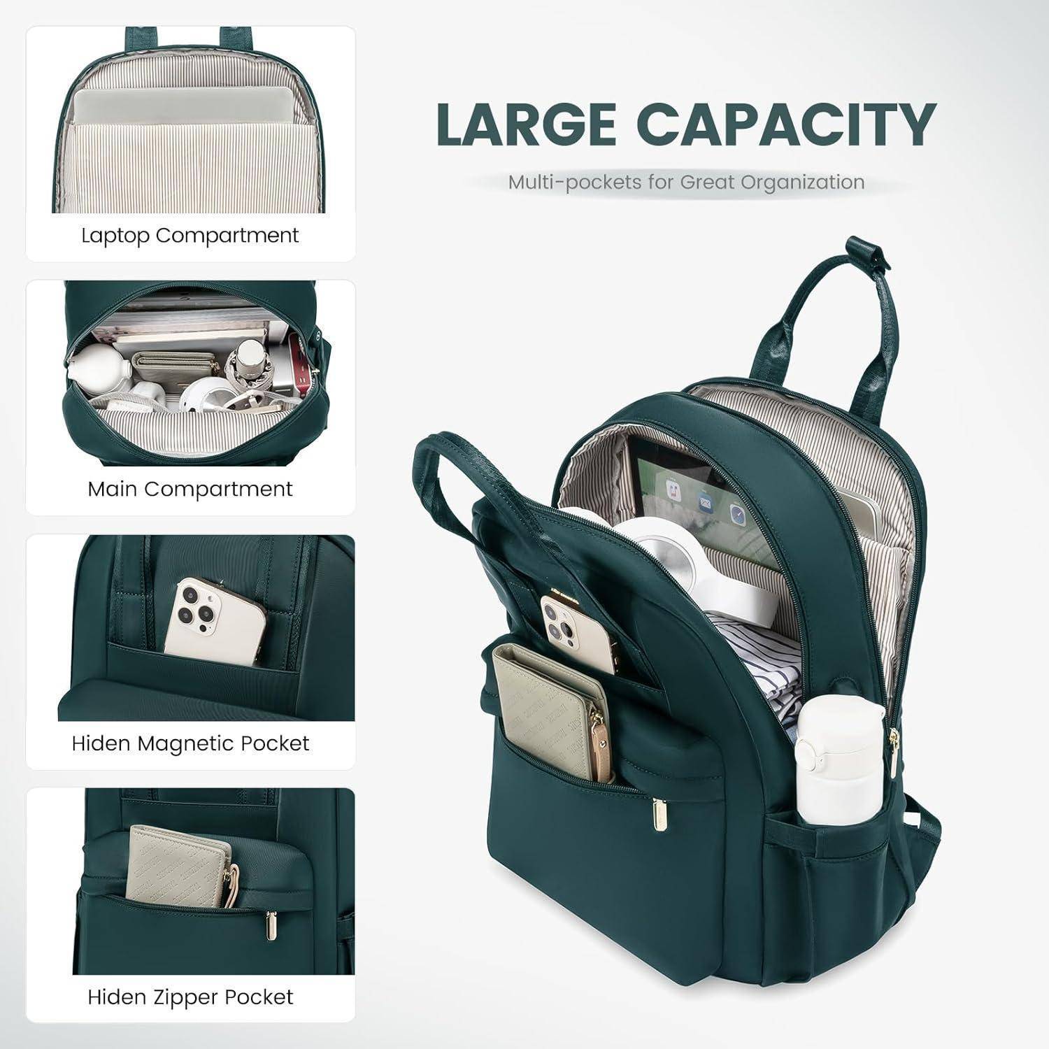 Ein türkisfarbener Rucksack mit 'Große Kapazität' Aufschrift, ausgestattet mit einem Laptopfach, Hauptfach, versteckter Magnettasche und versteckter Reißverschlusstasche, der eine hervorragende Organisation für verschiedene Gegenstände bietet.