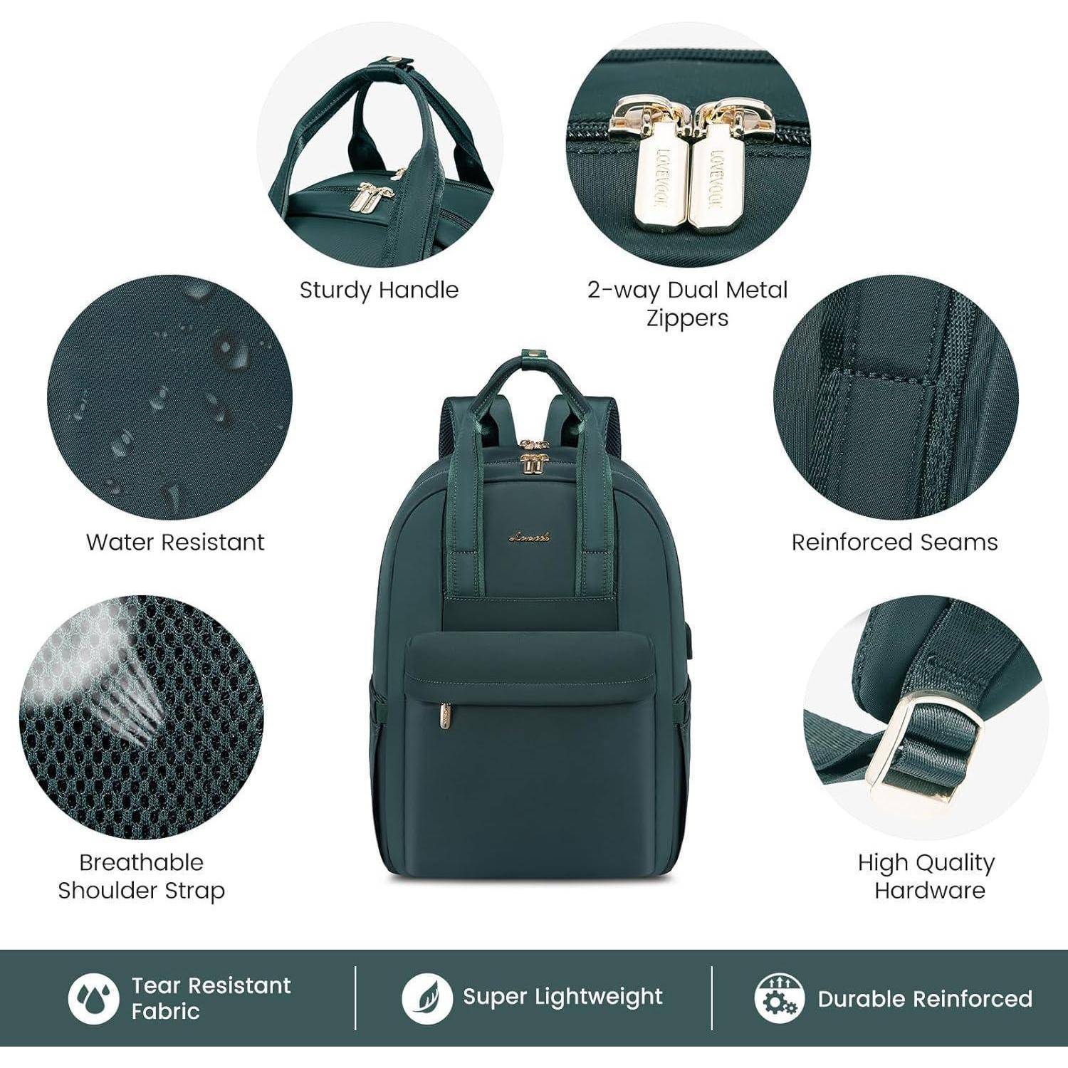 Ein dunkelgrüner Rucksack mit Doppelreißverschlüssen, verstärkten Nähten und atmungsaktiven Schultergurten. Zu den Eigenschaften gehören wasserdichtes Gewebe und ein leichtes Design.