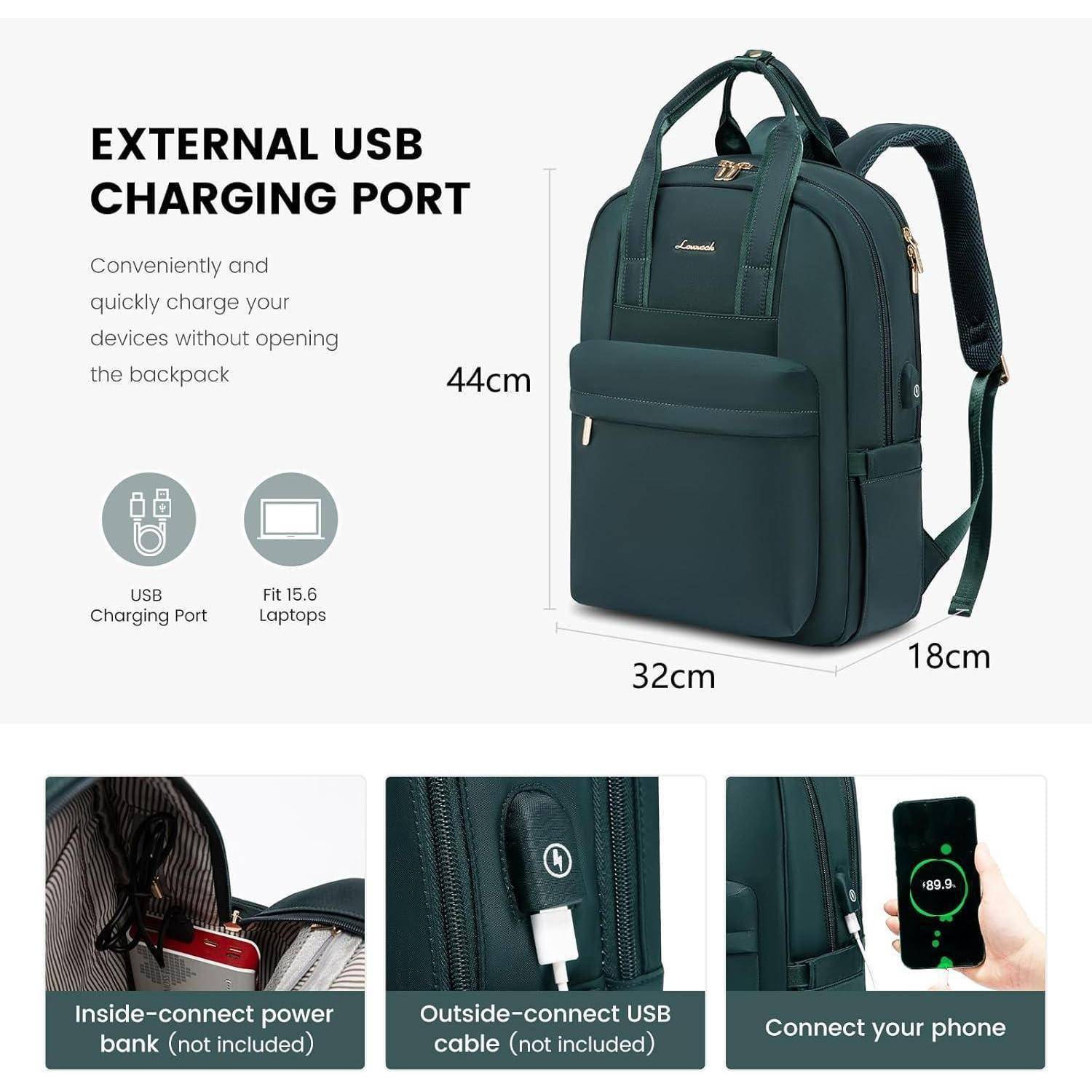Ein grüner Rucksack mit externem USB-Ladeanschluss. Er ist geeignet für Laptops bis 15,6 Zoll. Gezeigte Funktionen umfassen den USB-Anschluss, das Ladelogo und die Rucksackabmessungen: 44 cm x 32 cm x 18 cm.