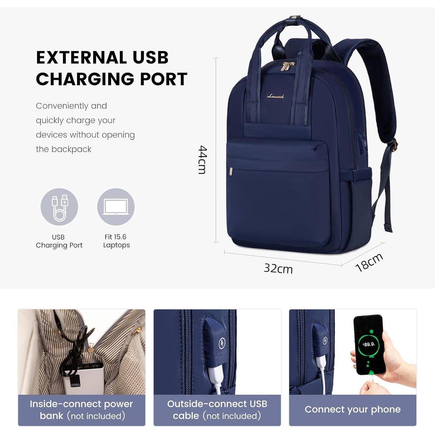 Marineblaue Rucksack mit externem USB-Ladeanschluss; geeignet für Laptops bis 15,6 Zoll, Maße 44 cm x 32 cm x 18 cm. Bietet interne und externe USB-Konnektivität für bequemes Aufladen von Geräten.