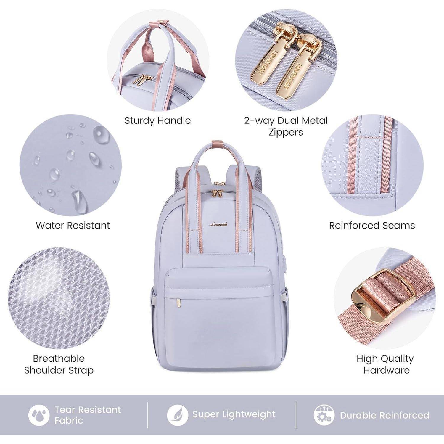 Lavendelfarbener Rucksack mit robustem Griff, wasserdichtem Stoff, verstärkten Nähten, zwei Metallreißverschlüssen, atmungsaktivem Träger, strapazierfähiger Beschlägen.