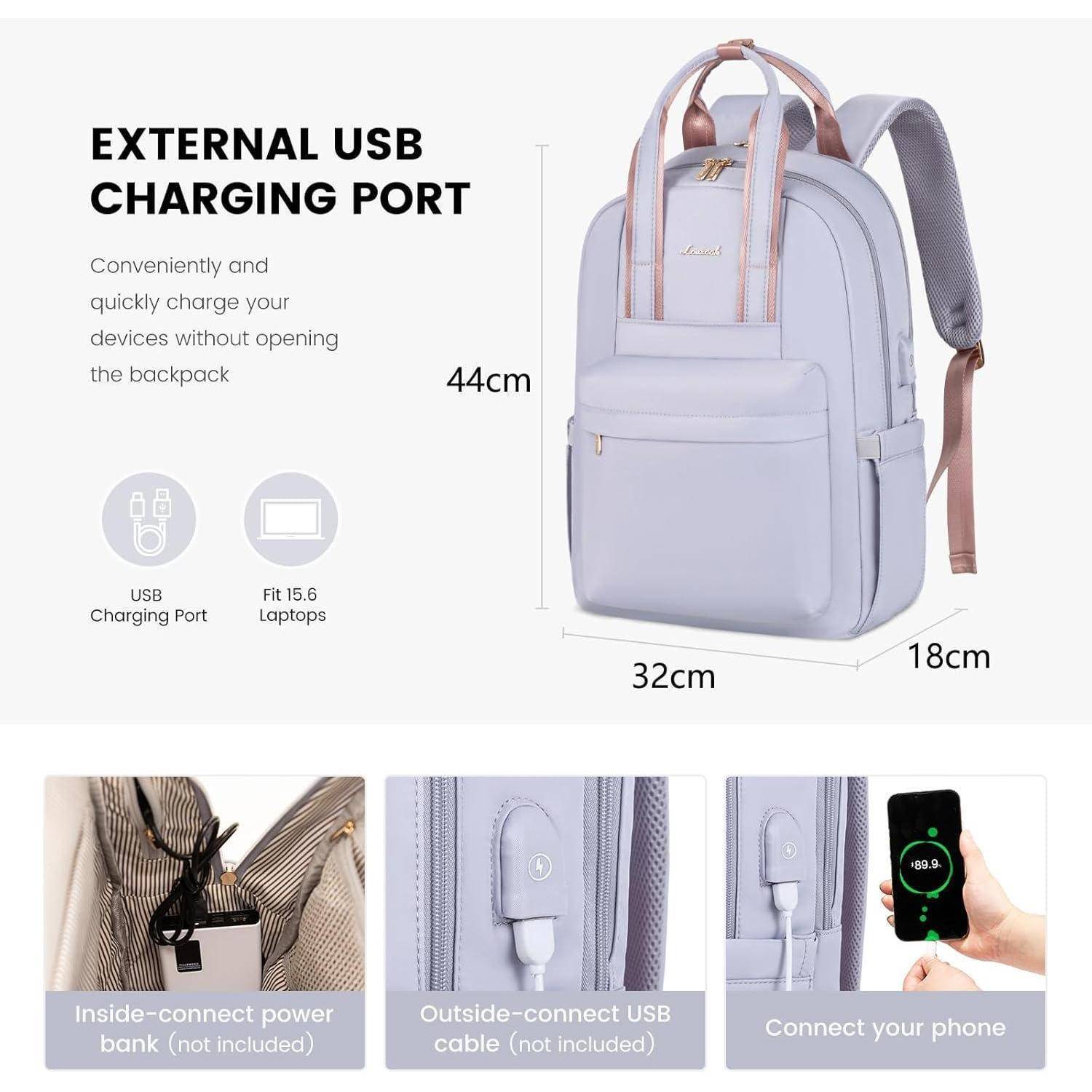 Ein hellgrauer Rucksack mit externem USB-Ladeanschluss, dargestellt mit den Abmessungen: 44 cm Höhe, 32 cm Breite, 18 cm Tiefe. Inklusive Powerbank-Anschlüssen und Demonstration des Handyladevorgangs.