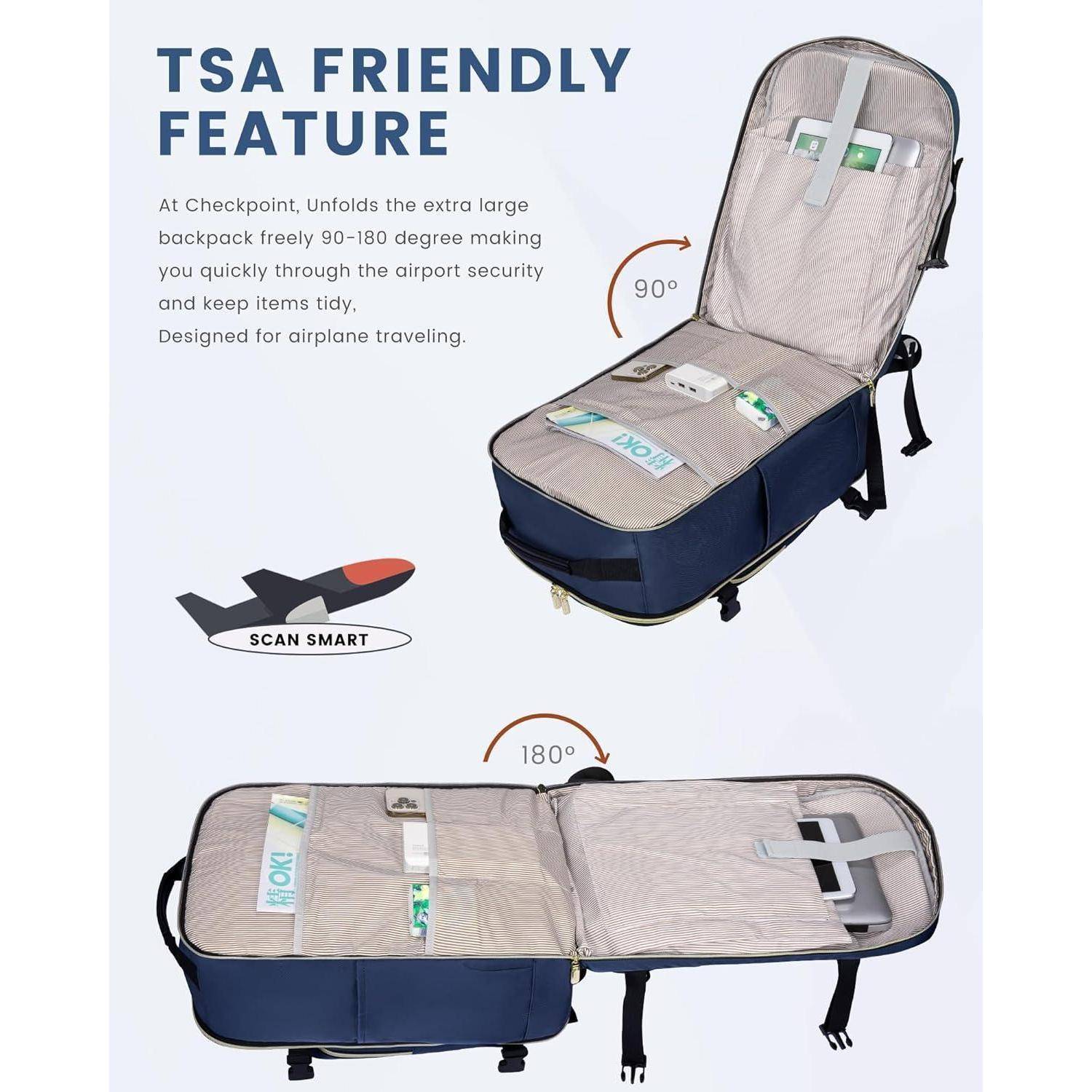 TSA-freundliches Feature: Am Kontrollpunkt entfaltet sich der Rucksack um 90–180 Grad für einfache Sicherheitskontrollen am Flughafen und übersichtliches Packen. Speziell für Flugreisen konzipiert.
