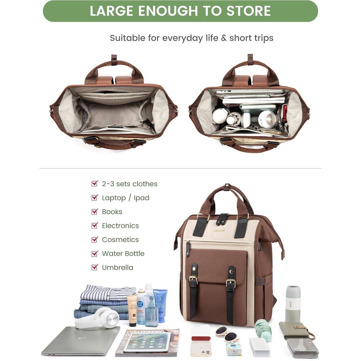 Laptoprucksack Schulrucksack Damen Teenager 15,6 Zoll Kaffee beige