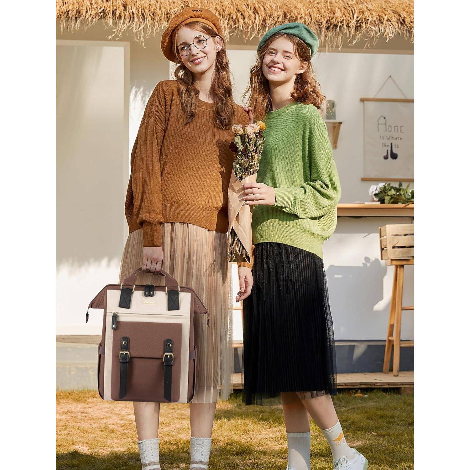 Laptoprucksack Schulrucksack Damen Teenager 15,6 Zoll Kaffee beige