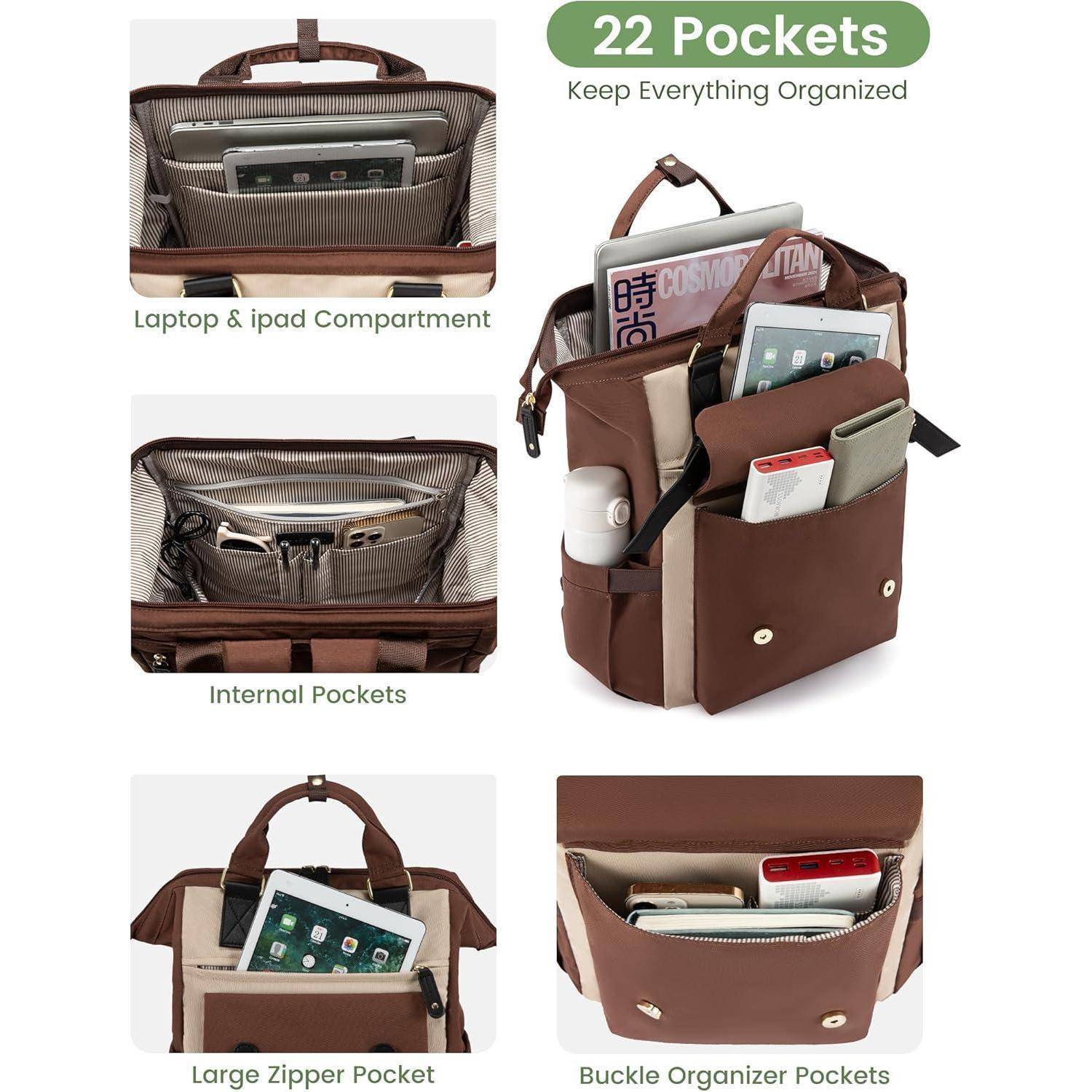 Laptoprucksack Schulrucksack Damen Teenager 15,6 Zoll Kaffee beige