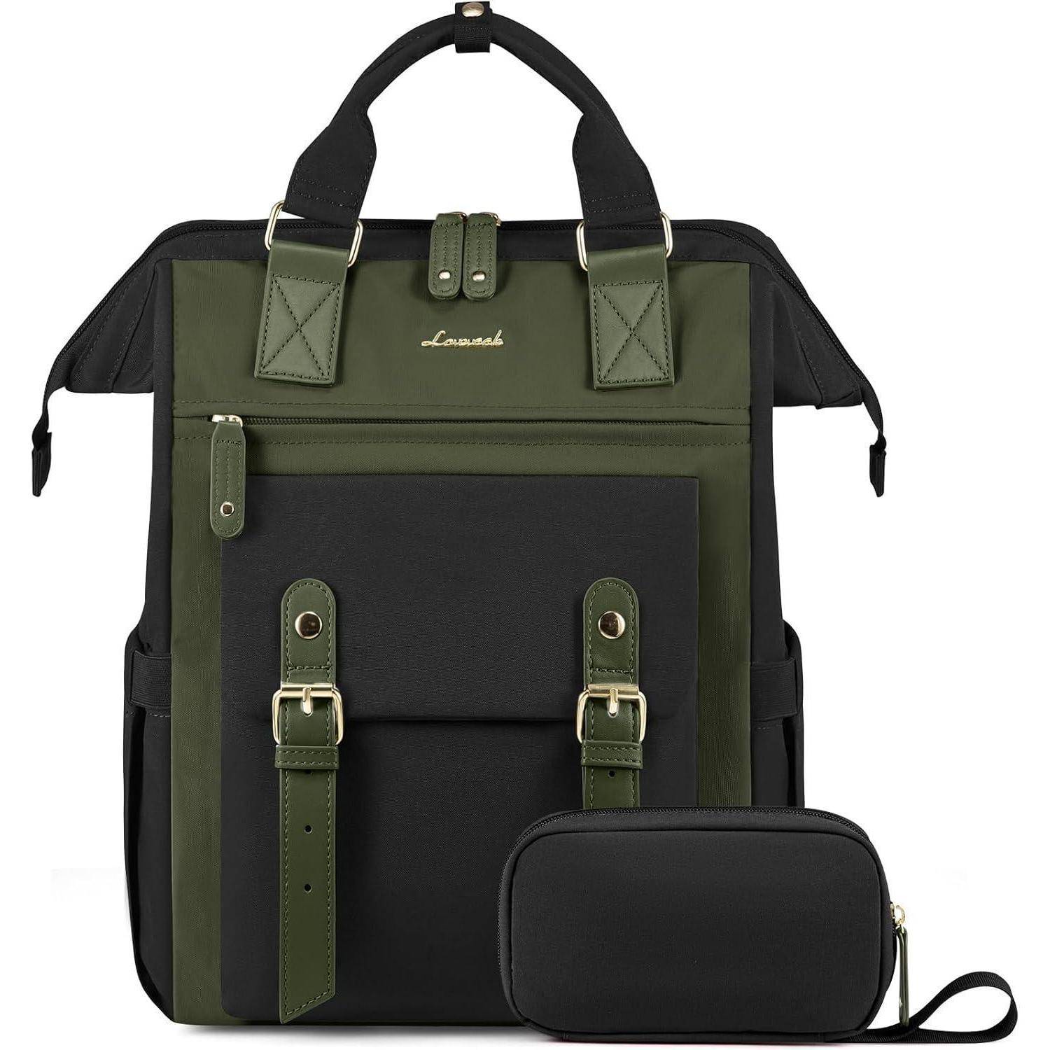 Ein grüner und schwarzer Rucksack mit zwei vorderen geschnallten Riemen und einer passenden schwarzen Reißverschlusstasche vorne. Der Rucksack verfügt über einen Tragegriff oben.
