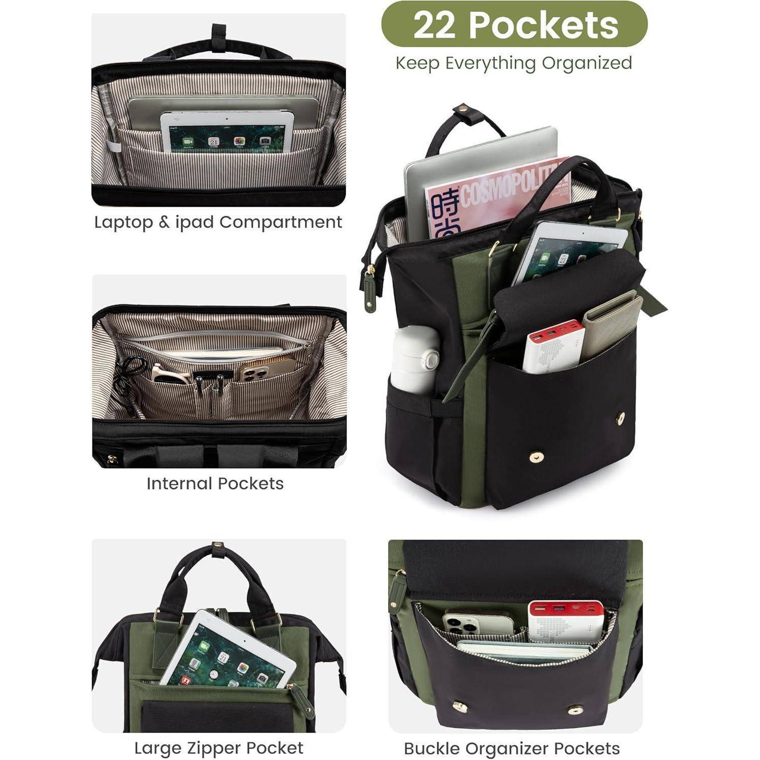 Schwarze und olivgrüne Tasche mit Beschriftung '22 Taschen: Alles organisiert'. Bilder zeigen Fächer für Laptop, innere Taschen, große Reißverschlusstasche und Organizer-Taschen mit Schnallen.