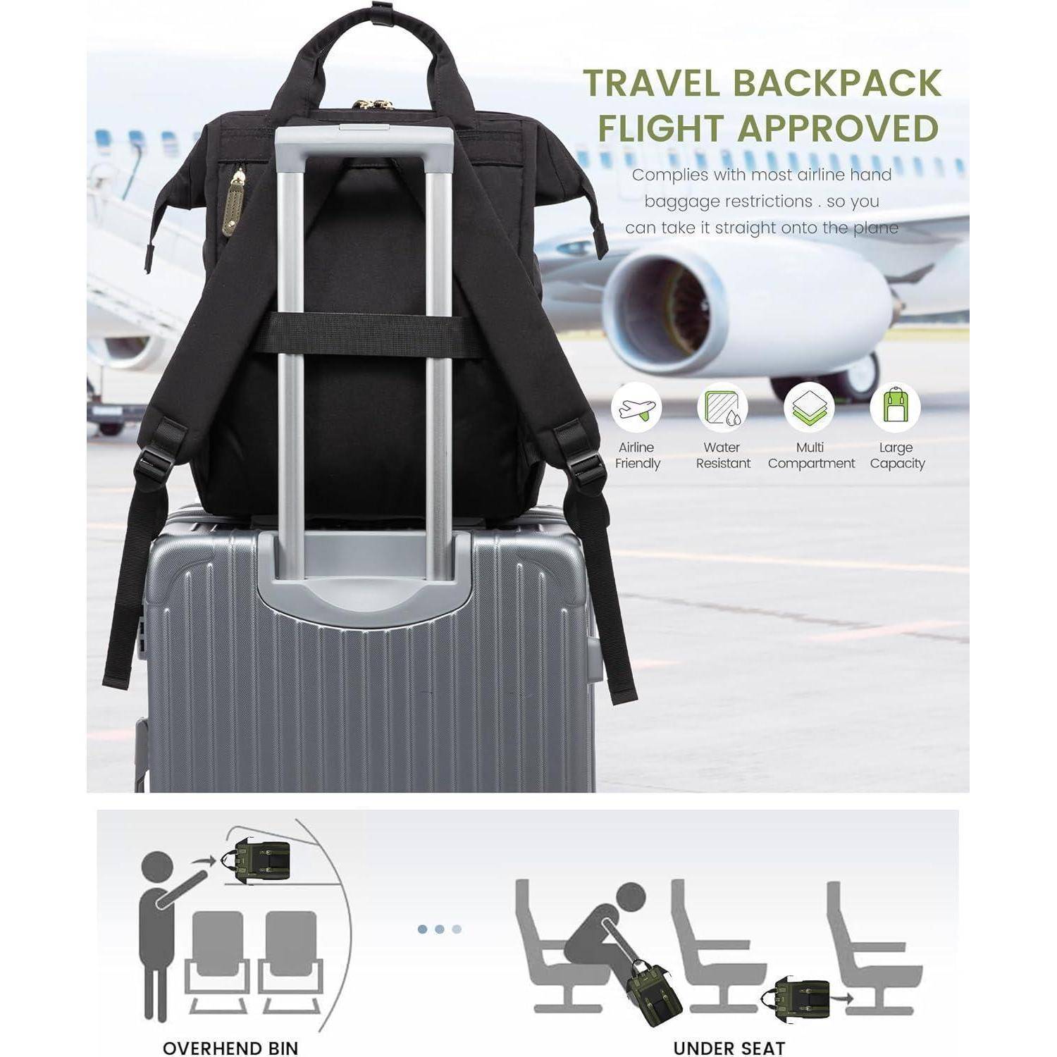 Ein schwarzer Reise-Rucksack sitzt auf einem Koffer mit ausgefahrenem Griff am Flughafen. Etiketten heben Merkmale hervor: ‚Flugzeug-kompatibel', ‚Wasserabweisend', ‚Mehrere Fächer', ‚Großes Fassungsvermögen'. Grafiken zeigen Verstaumöglichkeiten: Gepäckablage und Platz unter dem Sitz.