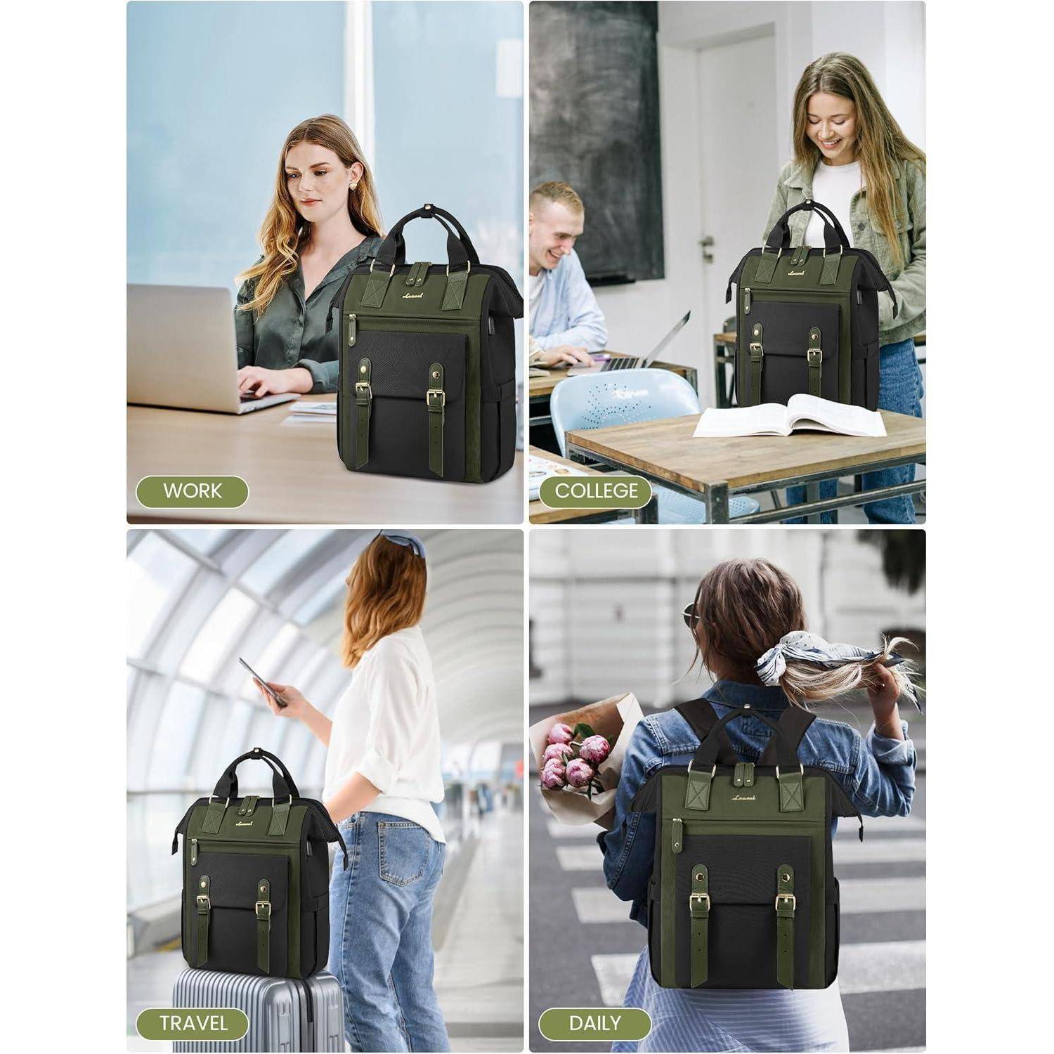 Vier Bilder eines dunkelgrünen Rucksacks in verschiedenen Szenarien: 'Arbeit' zeigt eine Frau an einem Laptop, 'Universität' einen Studenten an einem Schreibtisch, 'Reise' am Flughafen, 'Alltag' mit Blumen.