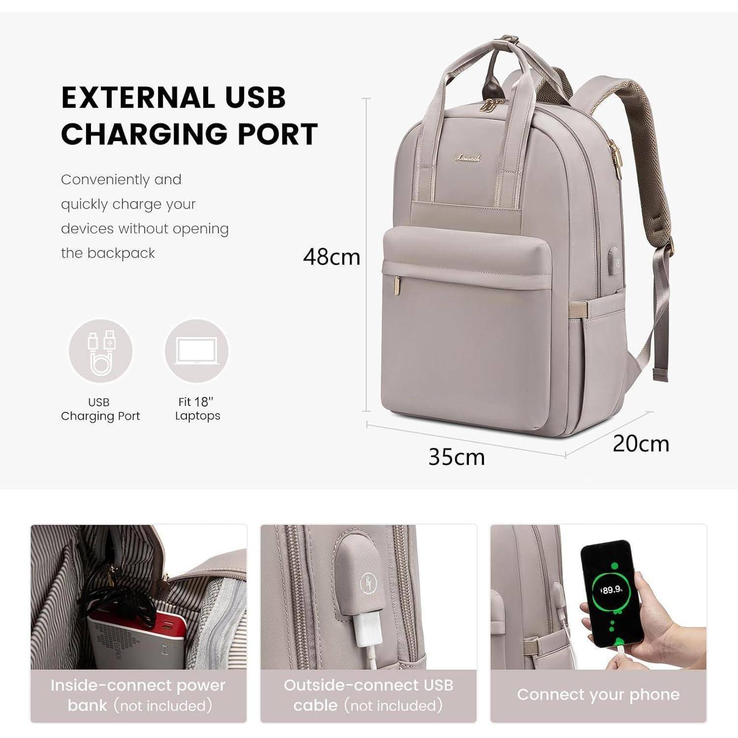 Ein beiger Rucksack mit einer Größe von 48x35x20 cm verfügt über einen externen USB-Ladeanschluss. Er passt für 18-Zoll-Laptops und bietet inneren und äußeren USB-Zugang.