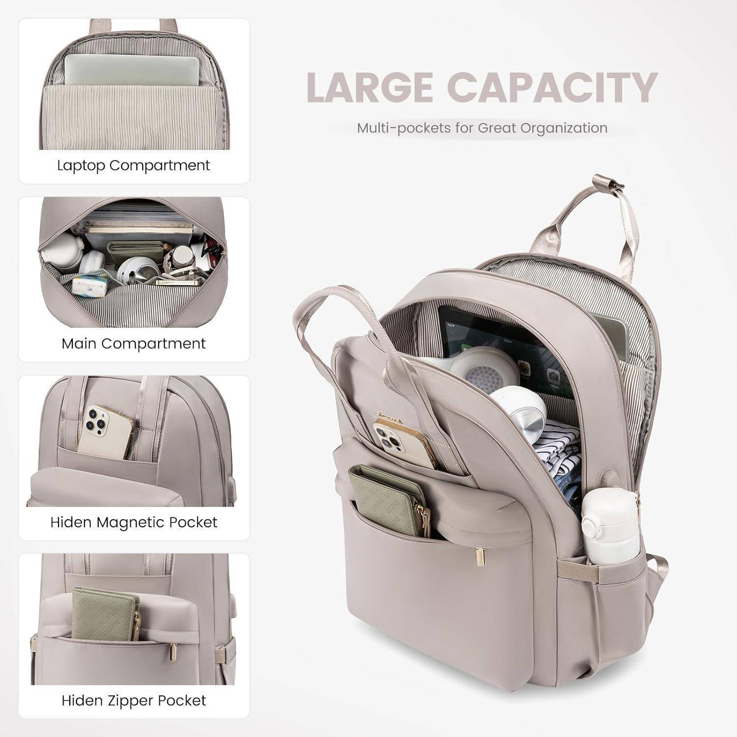 Ein hellgrauer Rucksack mit mehreren Fächern, darunter ein Laptopfach, ein Hauptfach, versteckte magnetische Taschen und Reißverschlusstaschen, der seine große Kapazität und Organisationsfähigkeiten hervorhebt.