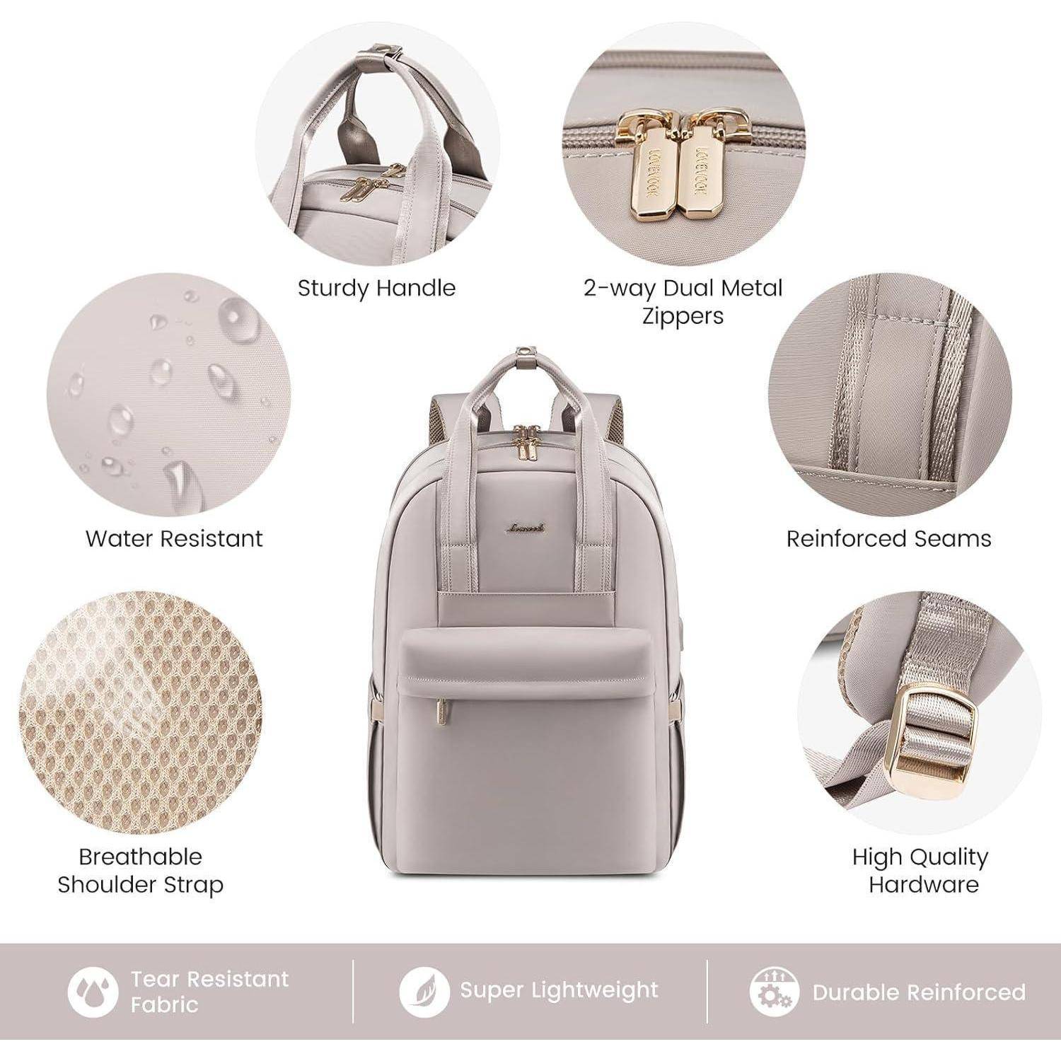 Rucksack mit Eigenschaften: stabiler Griff, Doppelreißverschlüsse, verstärkte Nähte, atmungsaktiver Träger, wasserfestes Gewebe, leicht, langlebig.