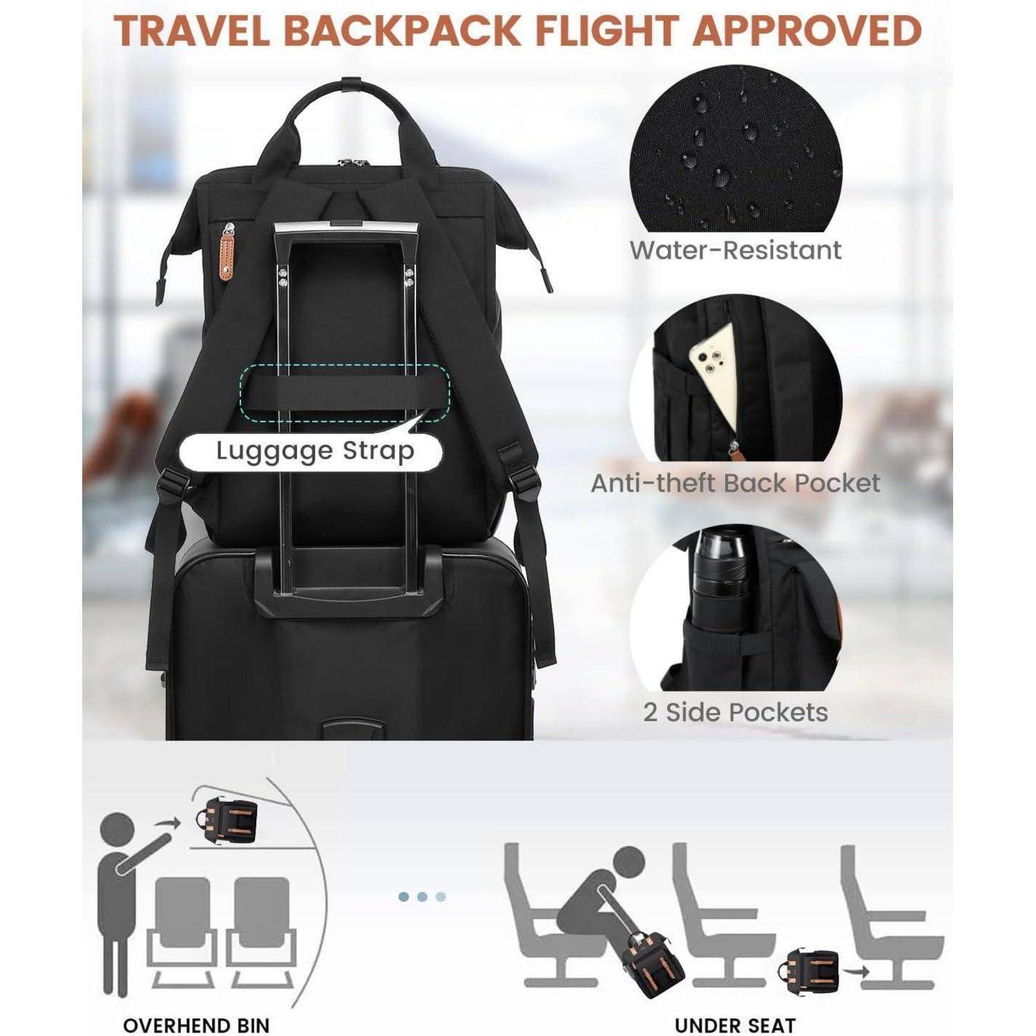 Reise-Rucksack Flugzugelassen' verfügt über Funktionen wie Wasserresistenz, diebstahlsichere Rückentasche, Gepäckgurt und zwei Seitentaschen. Geeignet für Gepäckablagen in Flugzeugen oder Stauraum unter dem Sitz.